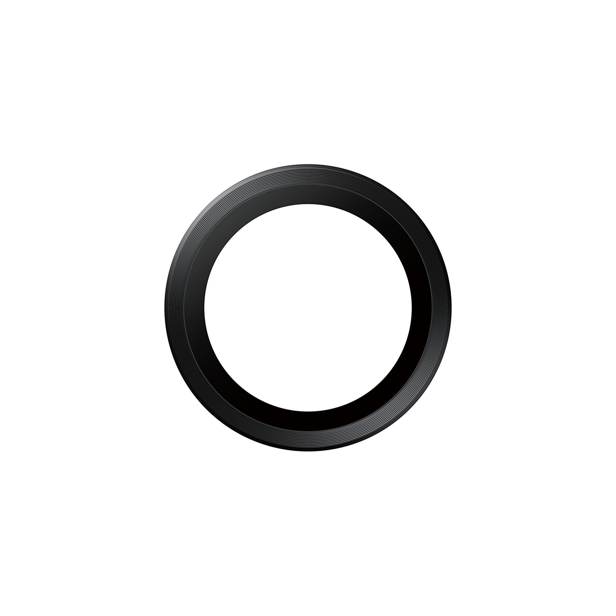 Un objet circulaire noir avec un centre blanc, sur fond blanc. Le bord extérieur présente des détails texturés.