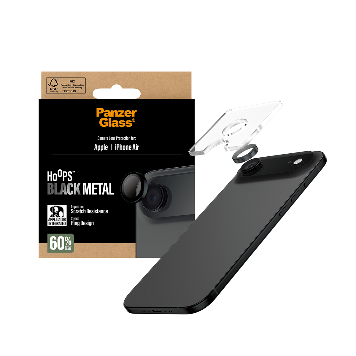 Un téléphone et un protecteur d'écran sont affichés. Le protecteur est transparent, tandis que le téléphone est noir. L'emballage est visible en arrière-plan.