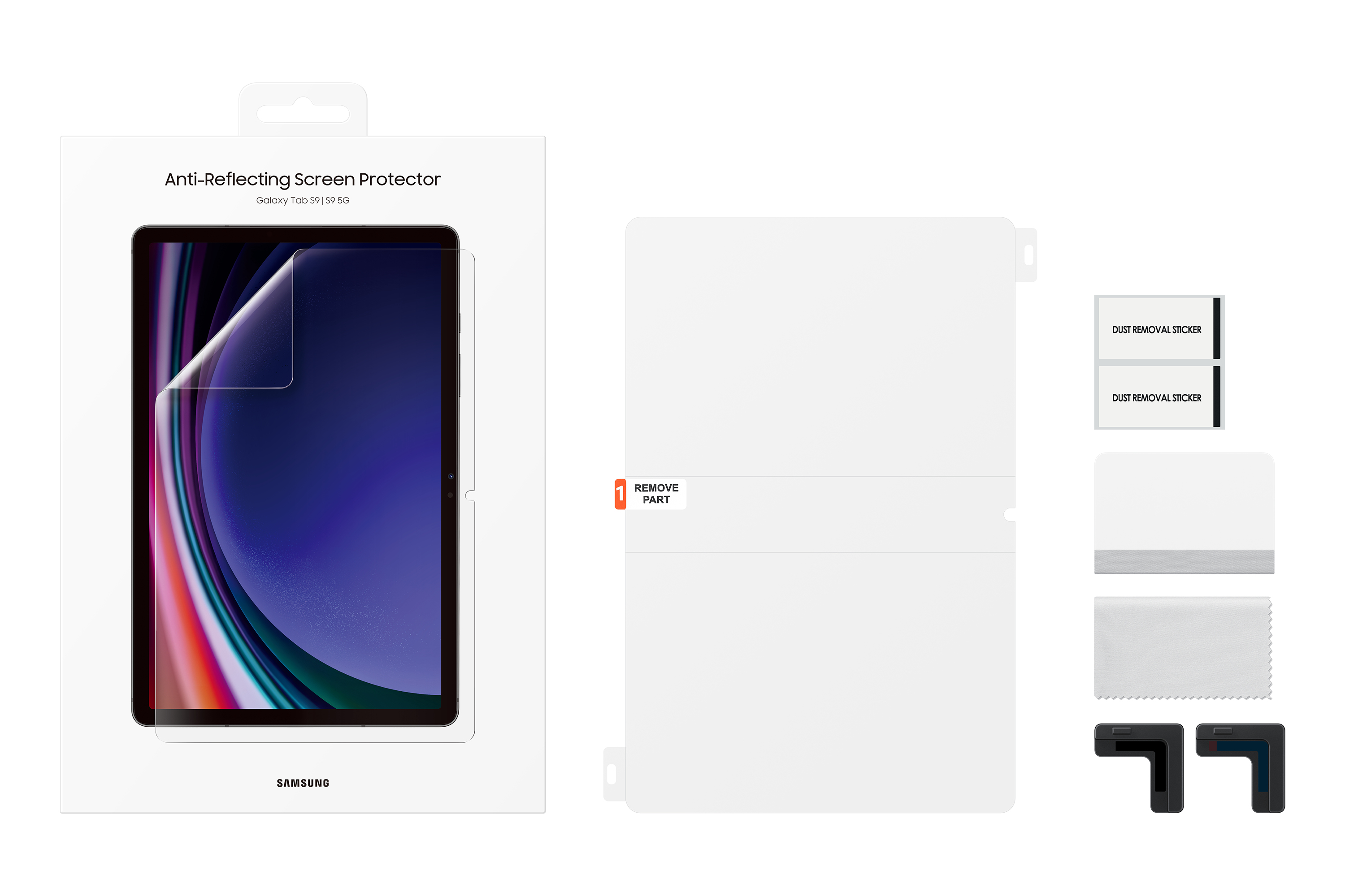 Un kit de protection d'écran pour Galaxy Tab S9 5G. Inclut protecteur, autocollants, chiffon de nettoyage et applicateurs.