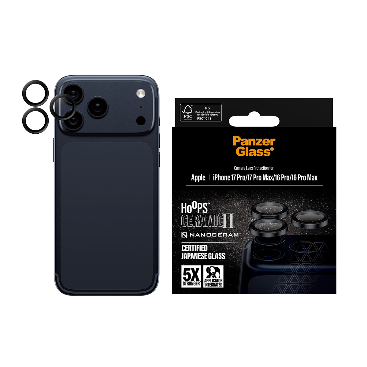 An iPhone with Panzer Glass lens protectors. The packaging shows the product details, including the brand name and phone compatibility.