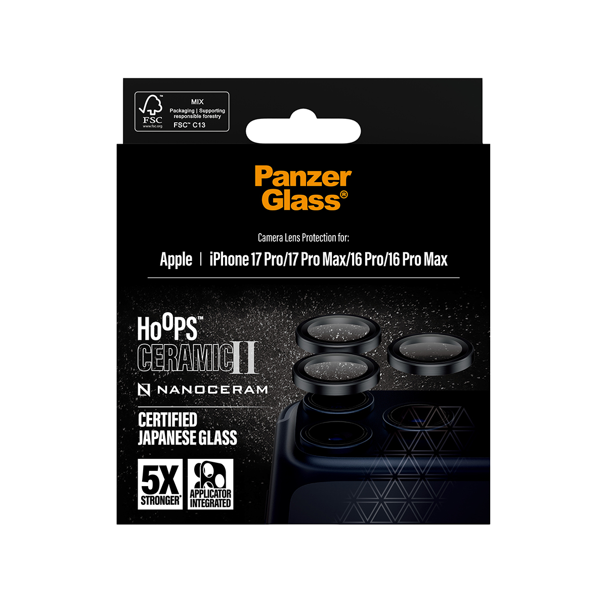 A product box for Panzer Glass camera lens protectors. It features the brand name, lens protectors, and details about the product.