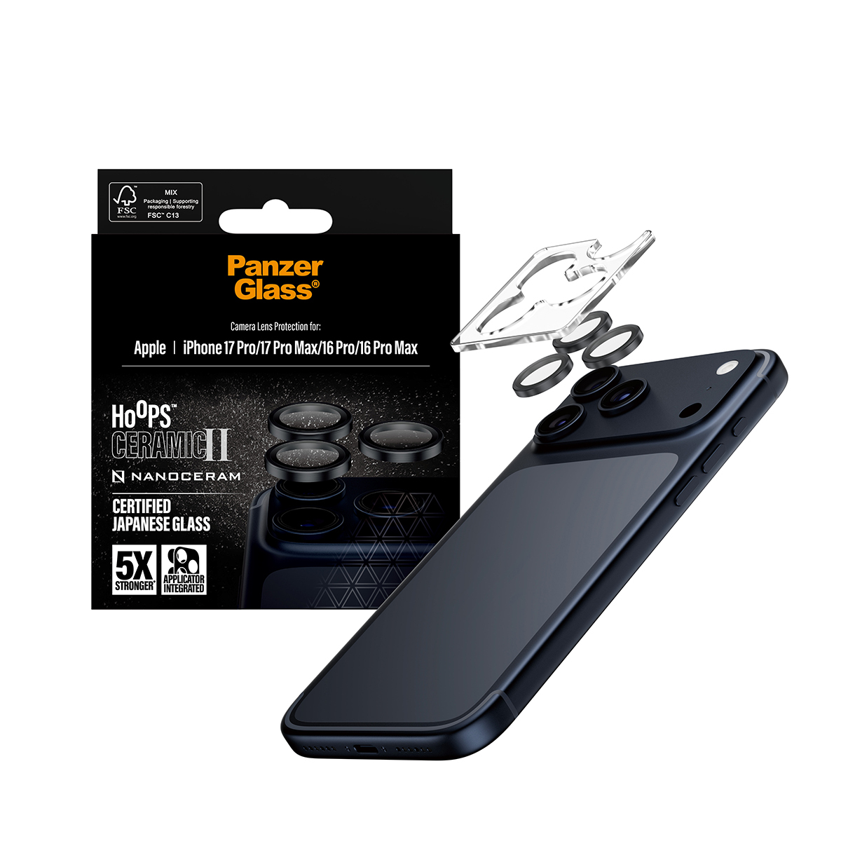 Black iPhone with lens protectors, packaging, and applicator. The packaging says Panzer Glass and HOOPS Ceramic II.