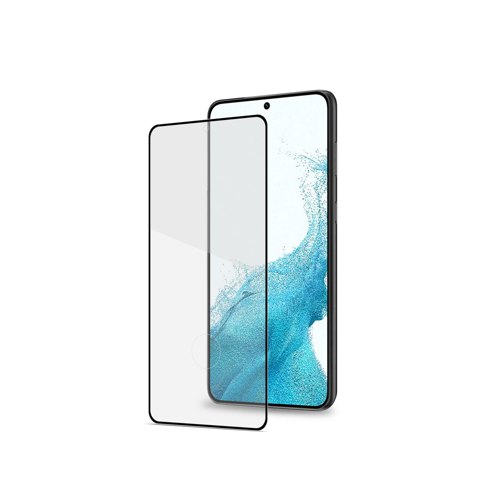 Uno smartphone con una protezione schermo accanto, su sfondo bianco.