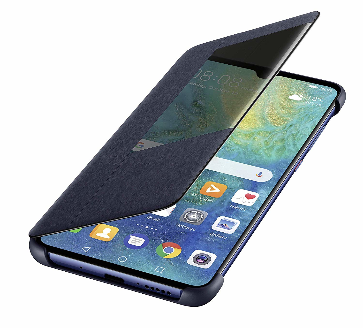 Ein Smartphone mit marineblauem Gehäuse ist geöffnet und zeigt die Uhrzeit und App-Symbole an. Der Bildschirm zeigt das Wetter und Symbole.