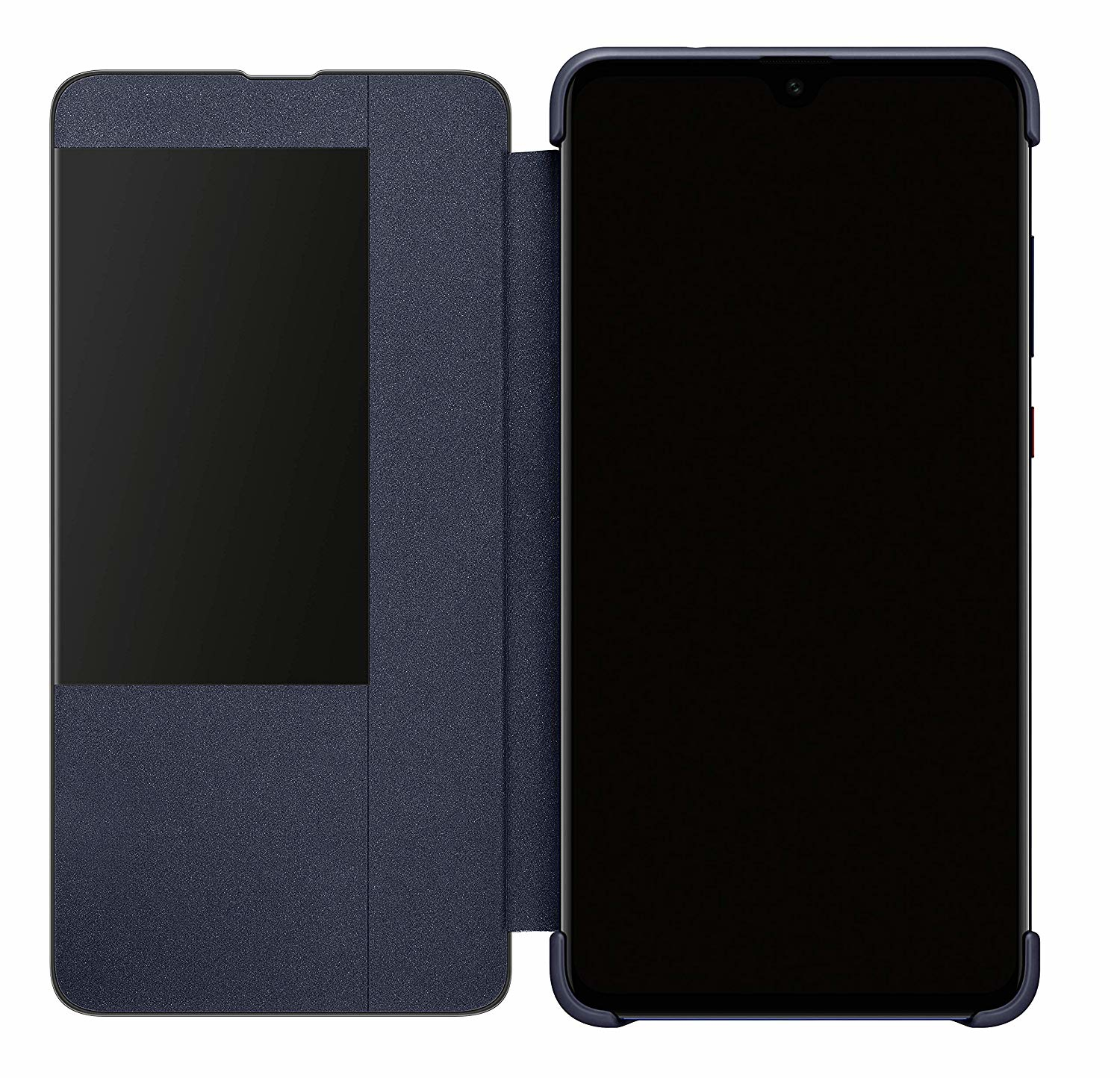 Eine dunkelblaue Handyhülle, die geöffnet ist und einen schwarzen Bildschirm freilegt. Die Hülle hat links ein Fenster, rechts das Telefon.