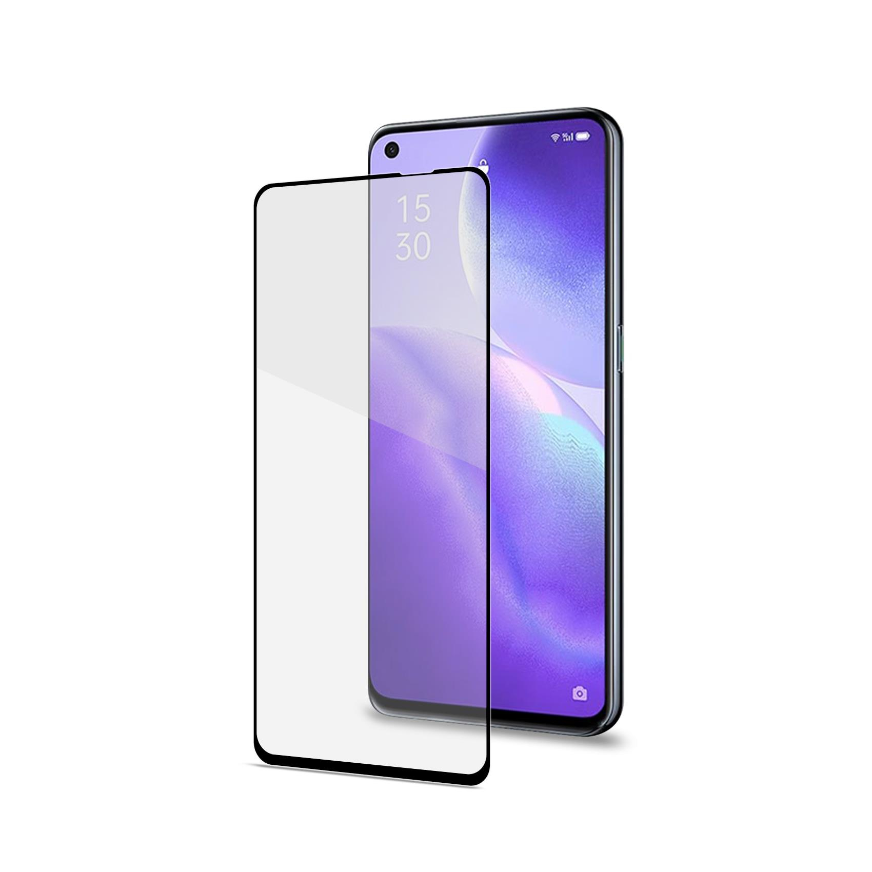 Smartfon z ochraniaczem ekranu. Telefon jest czarny z fioletowym ekranem. Ochraniacz jest przezroczysty.