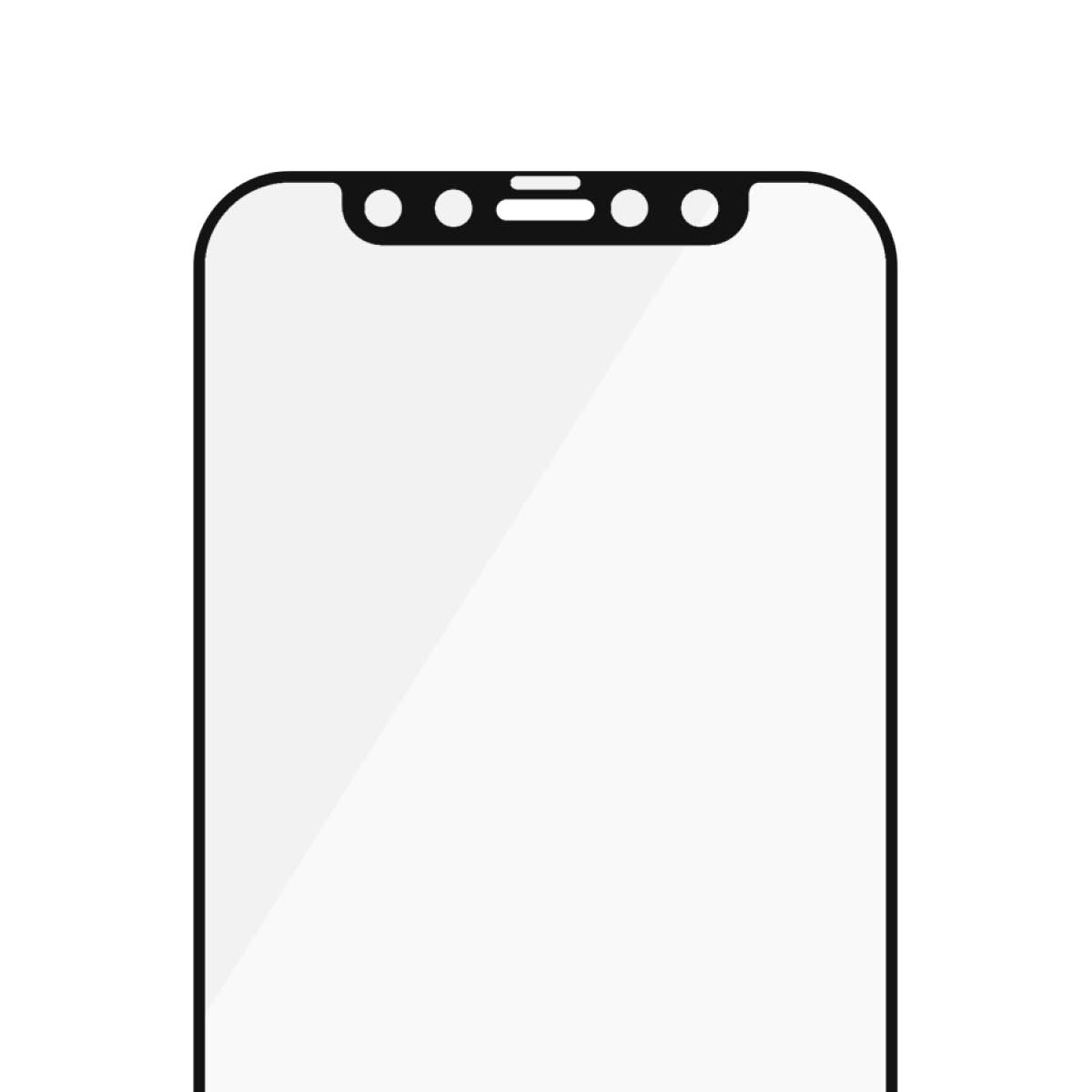 Uno schermo di smartphone stilizzato. Ha angoli arrotondati, un bordo nero e una parte superiore nera con sensori.