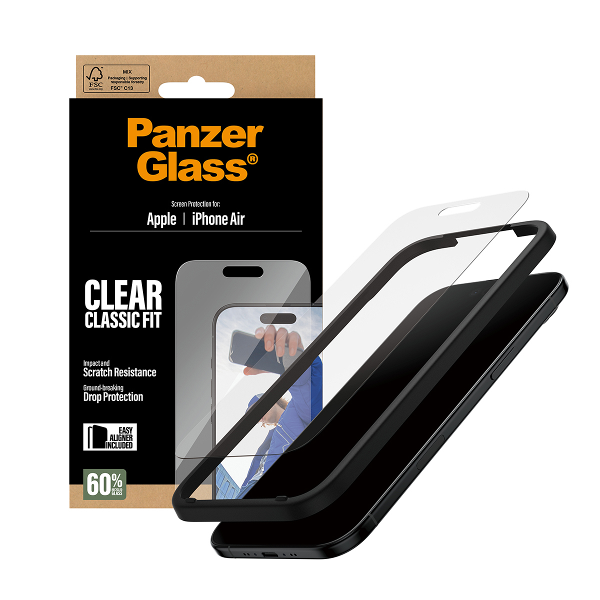Een Panzer Glass schermbeschermer doos met een telefoon en een schermbeschermer. Op de doos staat 'Panzer Glass' en 'iPhone Air'.