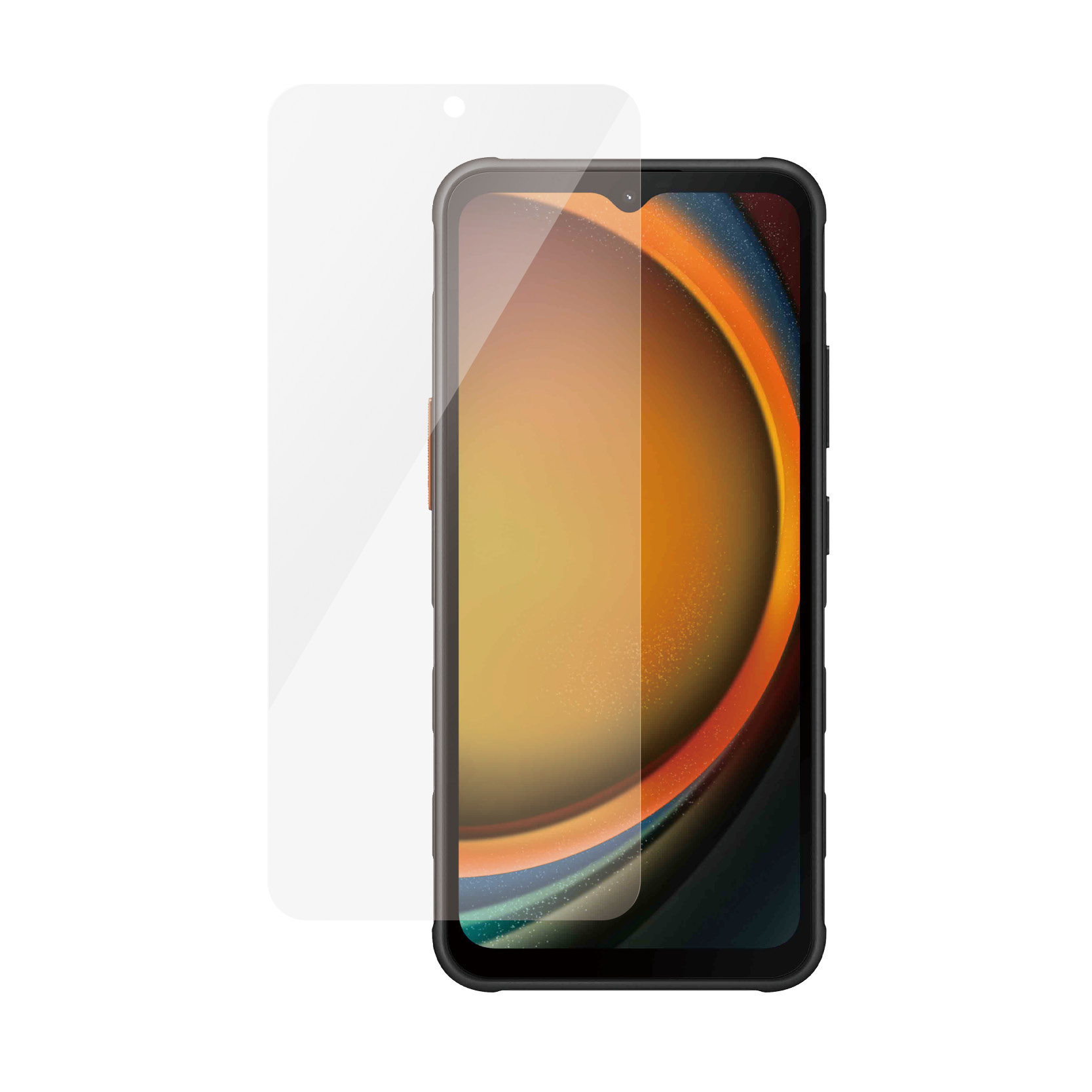 Een smartphone met een schermbeschermer. De telefoon heeft een zwart frame, de beschermer is transparant.