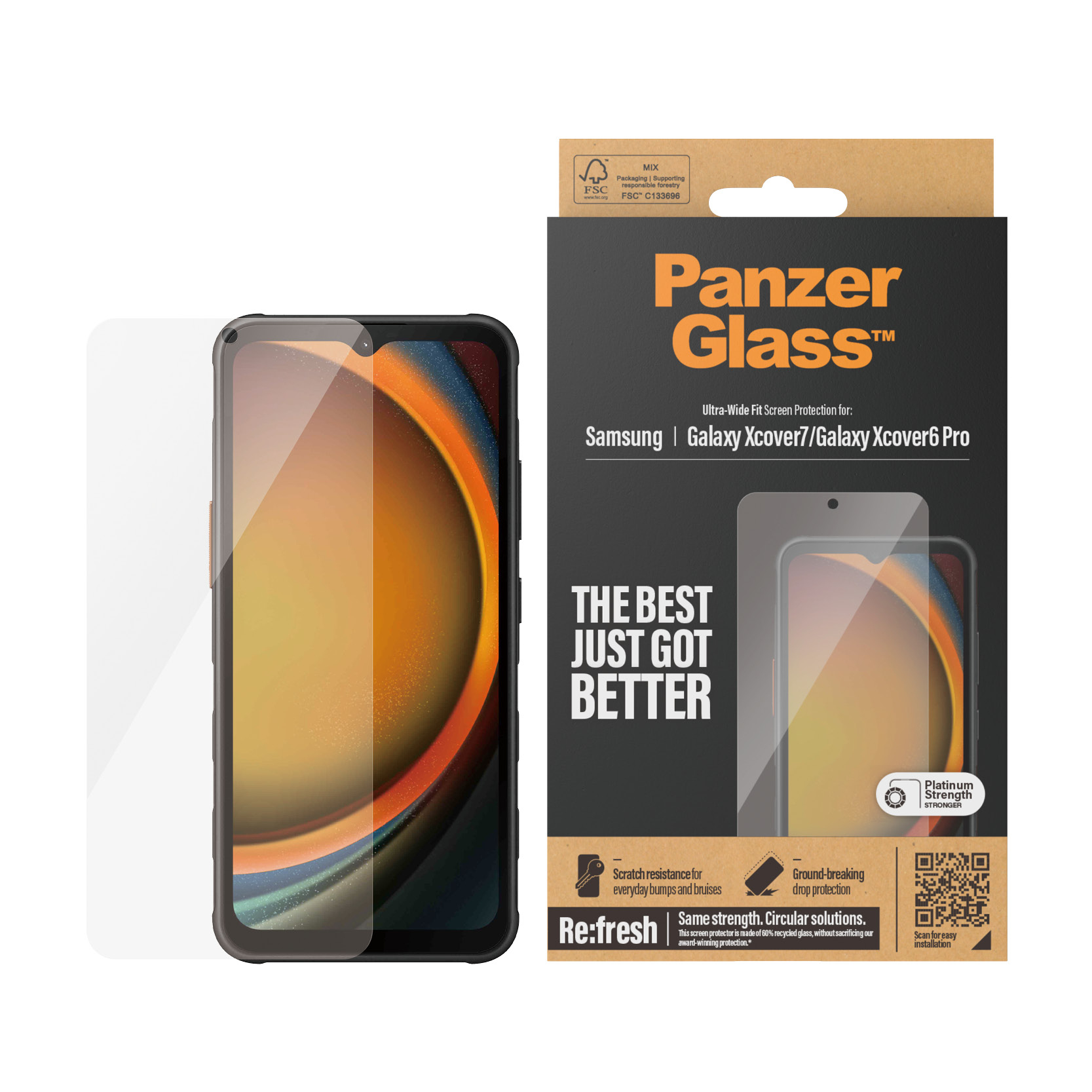 Een doosje met een schermbeschermer voor een telefoon. Er ligt een telefoon naast de doos. De merknaam is PanzerGlass. Beschermt tegen krassen.