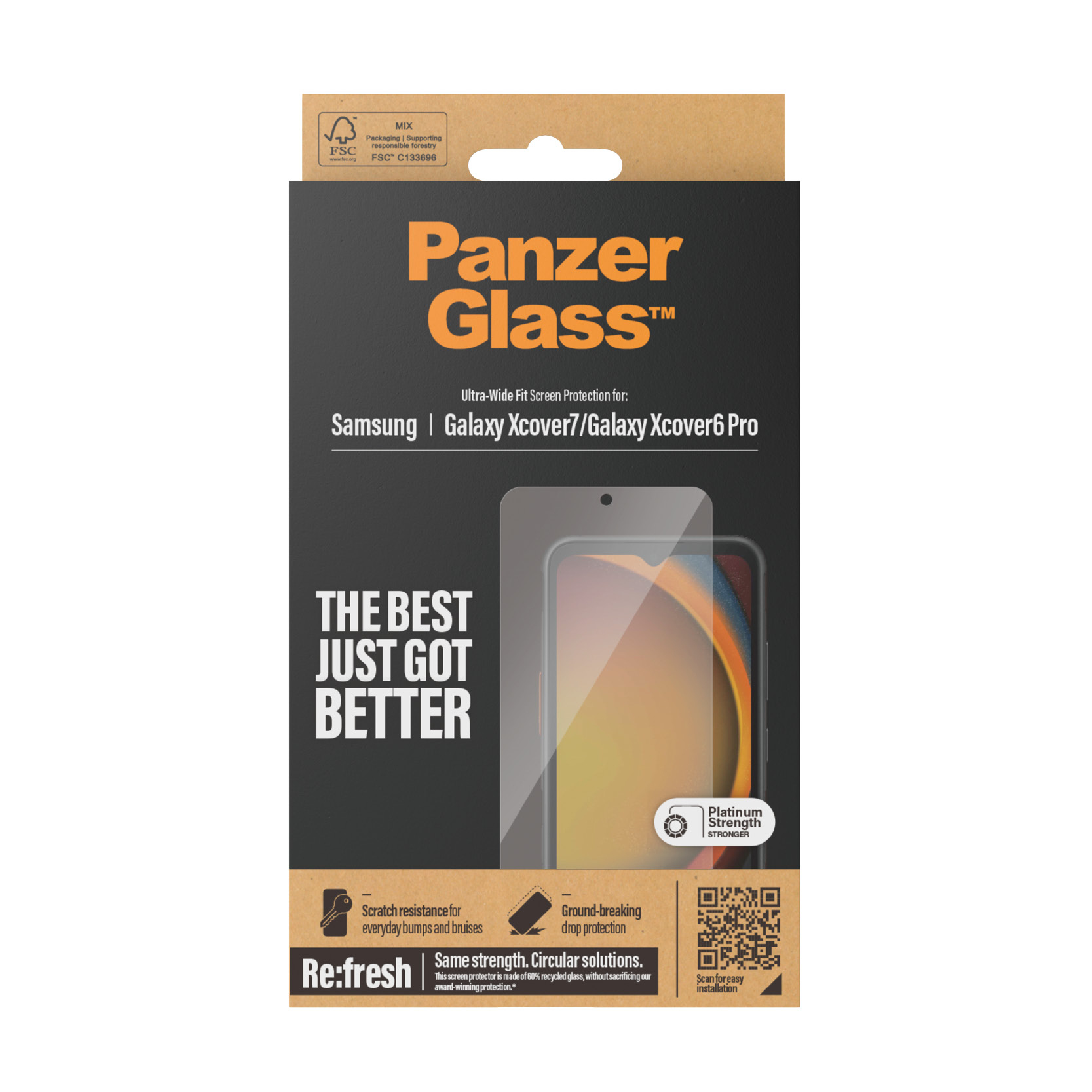 Panzer Glass schermbeschermer doos. Zwarte achtergrond met productdetails en een afbeelding van een schermbeschermer.