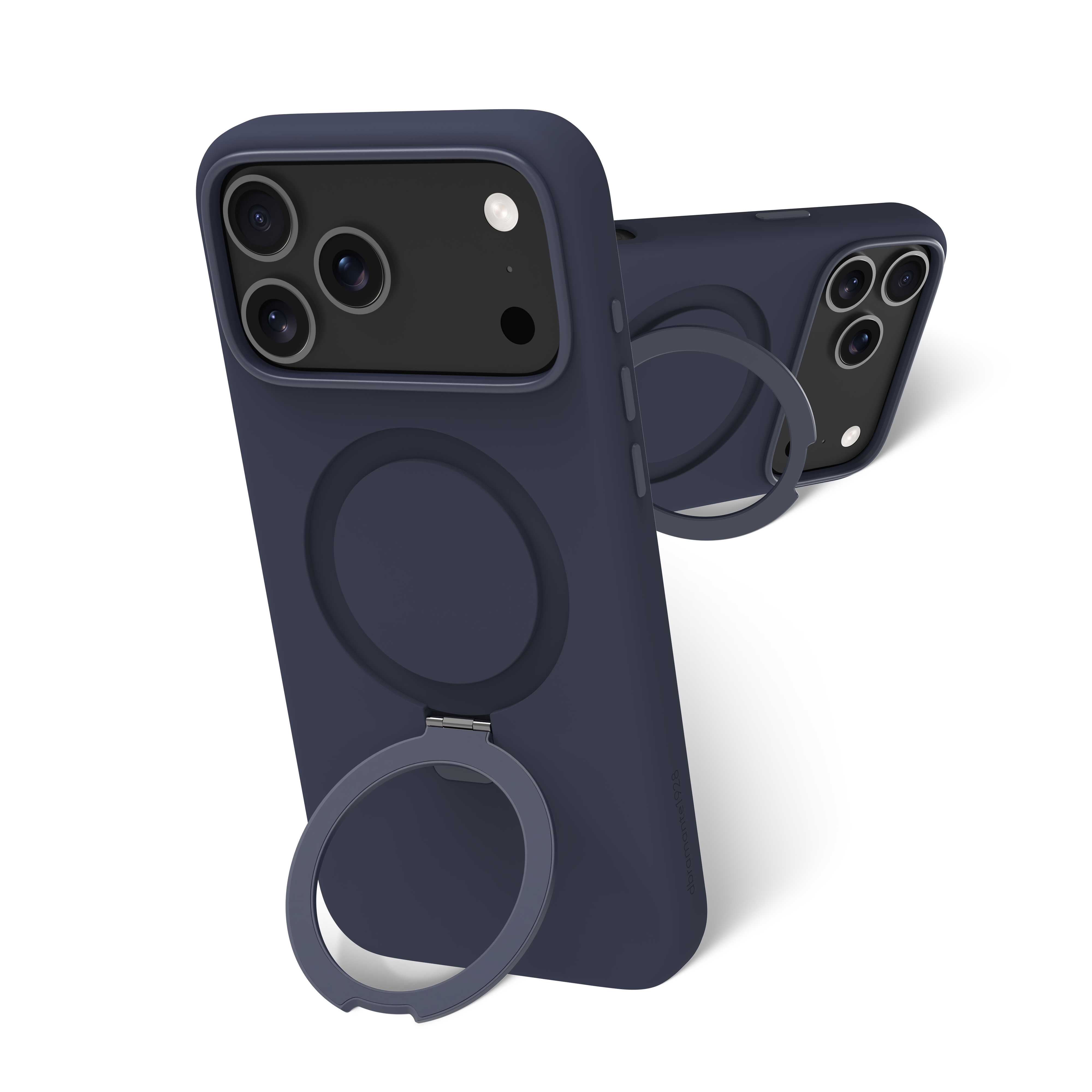 Custodie blu navy con anelli. Una a fuoco, l'altra sfocata sullo sfondo.