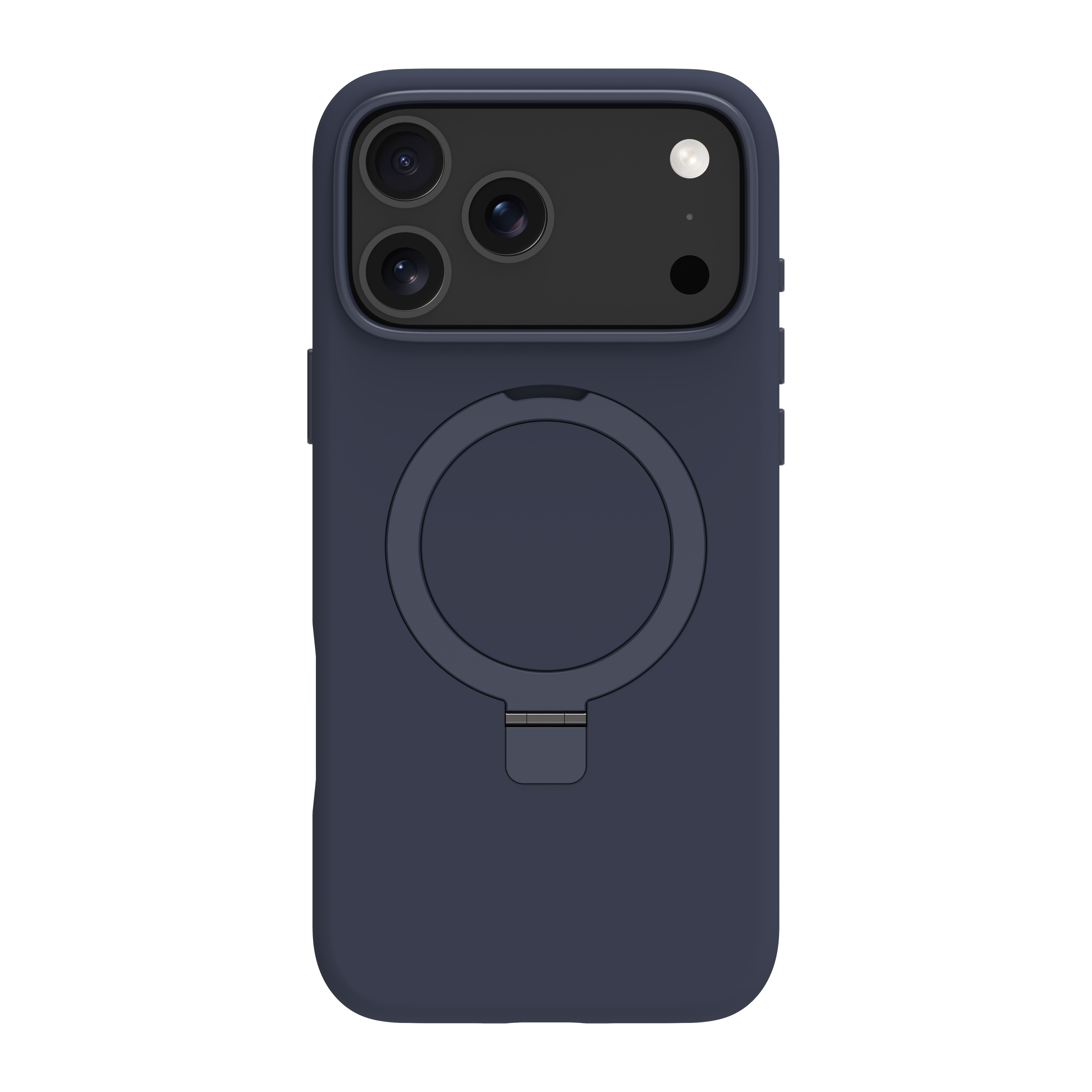 Una custodia per telefono blu scuro. Ha un modulo fotocamera con tre lenti e un flash. La custodia ha un anello di supporto.