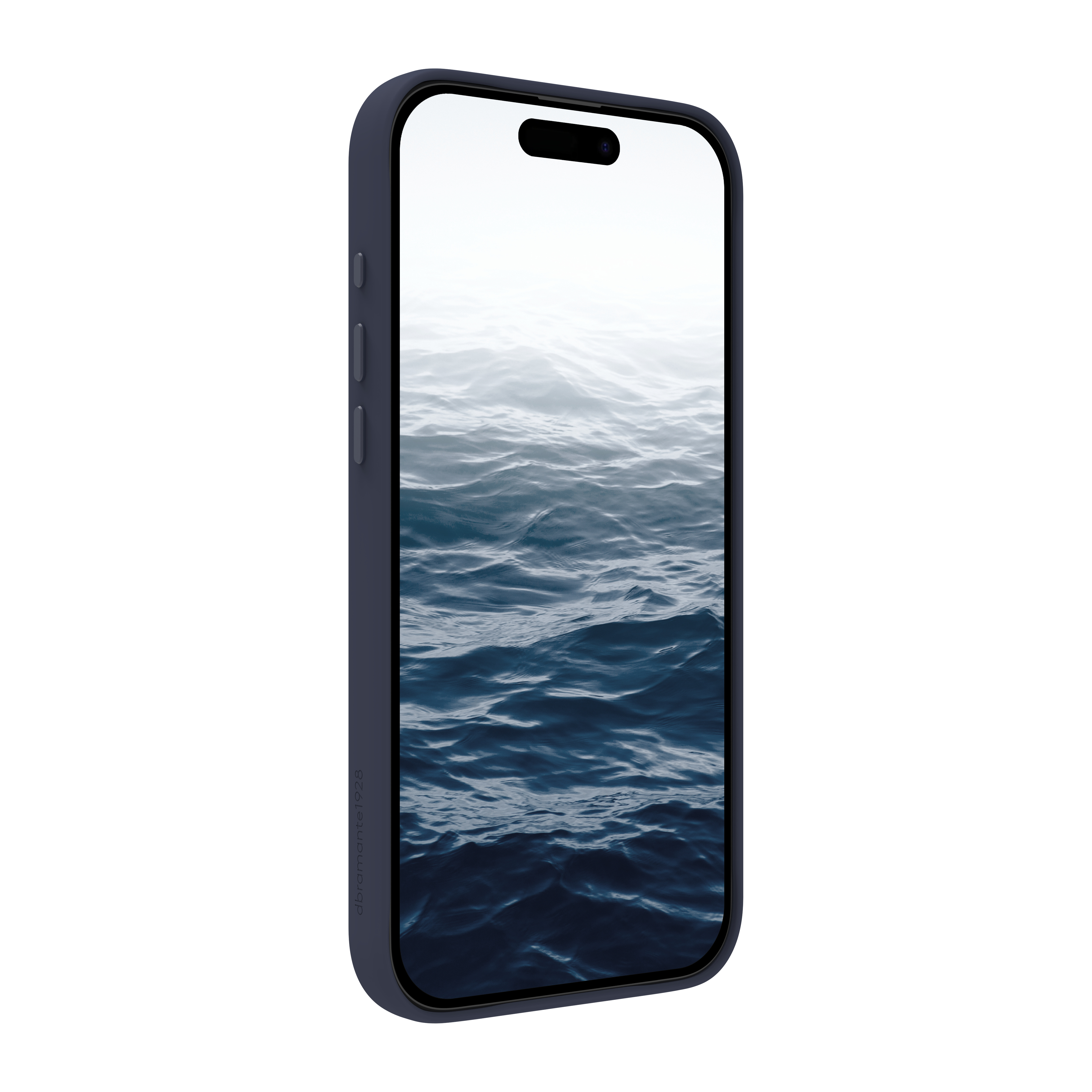 Uno smartphone con custodia blu scuro mostra una scena oceanica. Il telefono è angolato, con sfondo bianco.