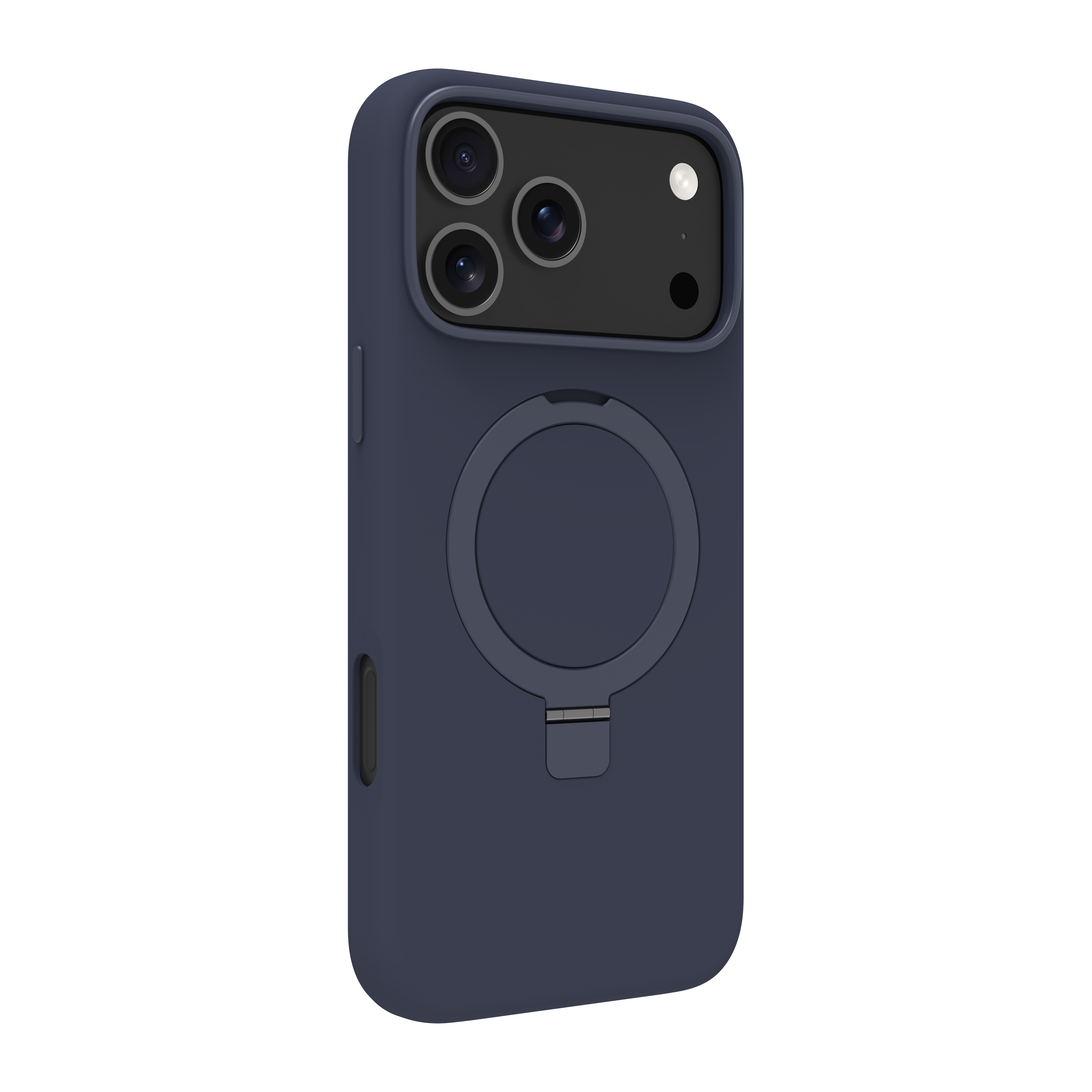 Una custodia per telefono blu scuro. Ha un ritaglio per la fotocamera con tre lenti, un anello magnetico e un supporto.