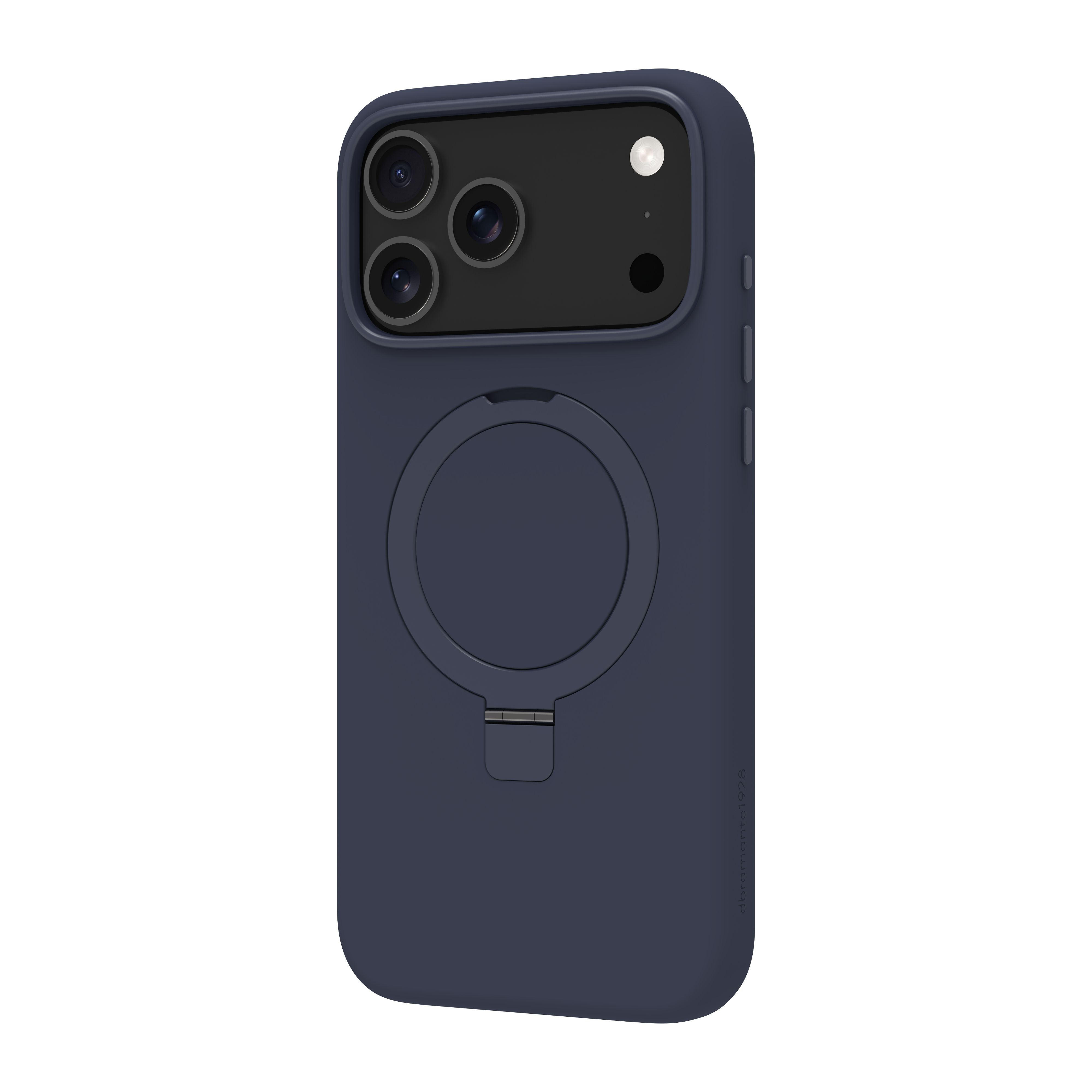 Custodia blu navy con supporto ad anello e lenti della fotocamera. Sfondo bianco.