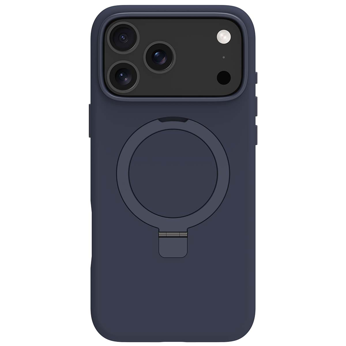 Una custodia per telefono blu scuro. Ha un ritaglio per la fotocamera con tre lenti, un cerchio con supporto e un colore blu scuro.