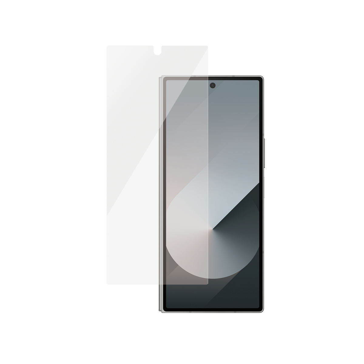 Un smartphone avec un protecteur d'écran. Le téléphone a un écran noir avec un design clair. Le protecteur est transparent.