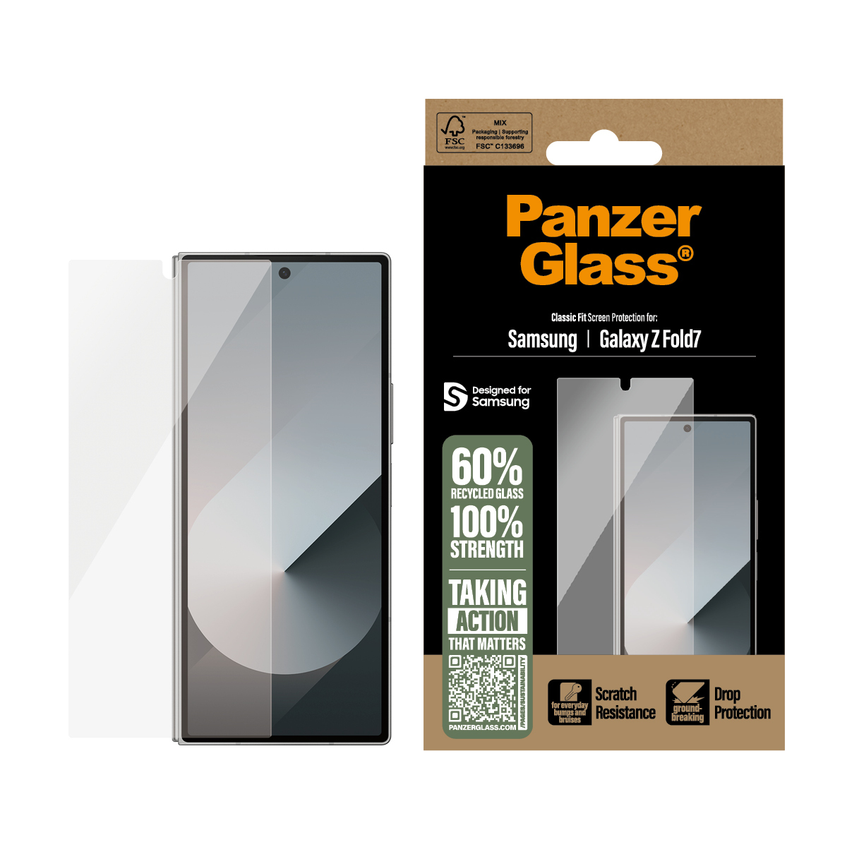 Protecteur d'écran Panzer Glass pour Samsung Galaxy Z Fold7, avec emballage montrant les détails et caractéristiques du produit.