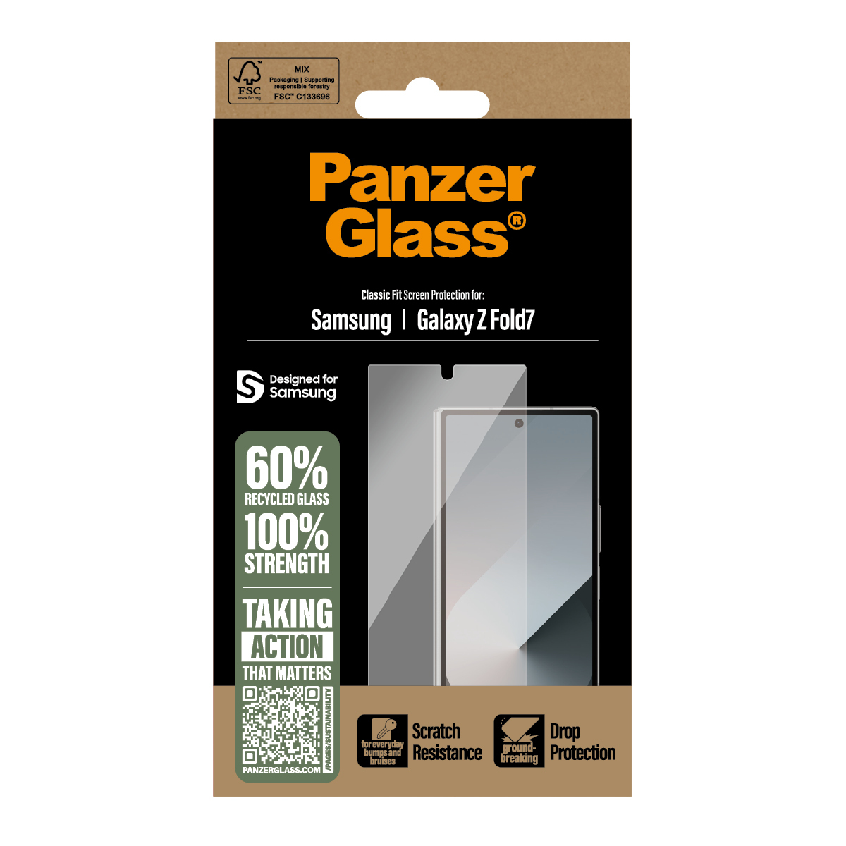 Un emballage de protection d'écran PanzerGlass. Il présente un protecteur d'écran, du texte et des icônes indiquant les fonctionnalités et la compatibilité.