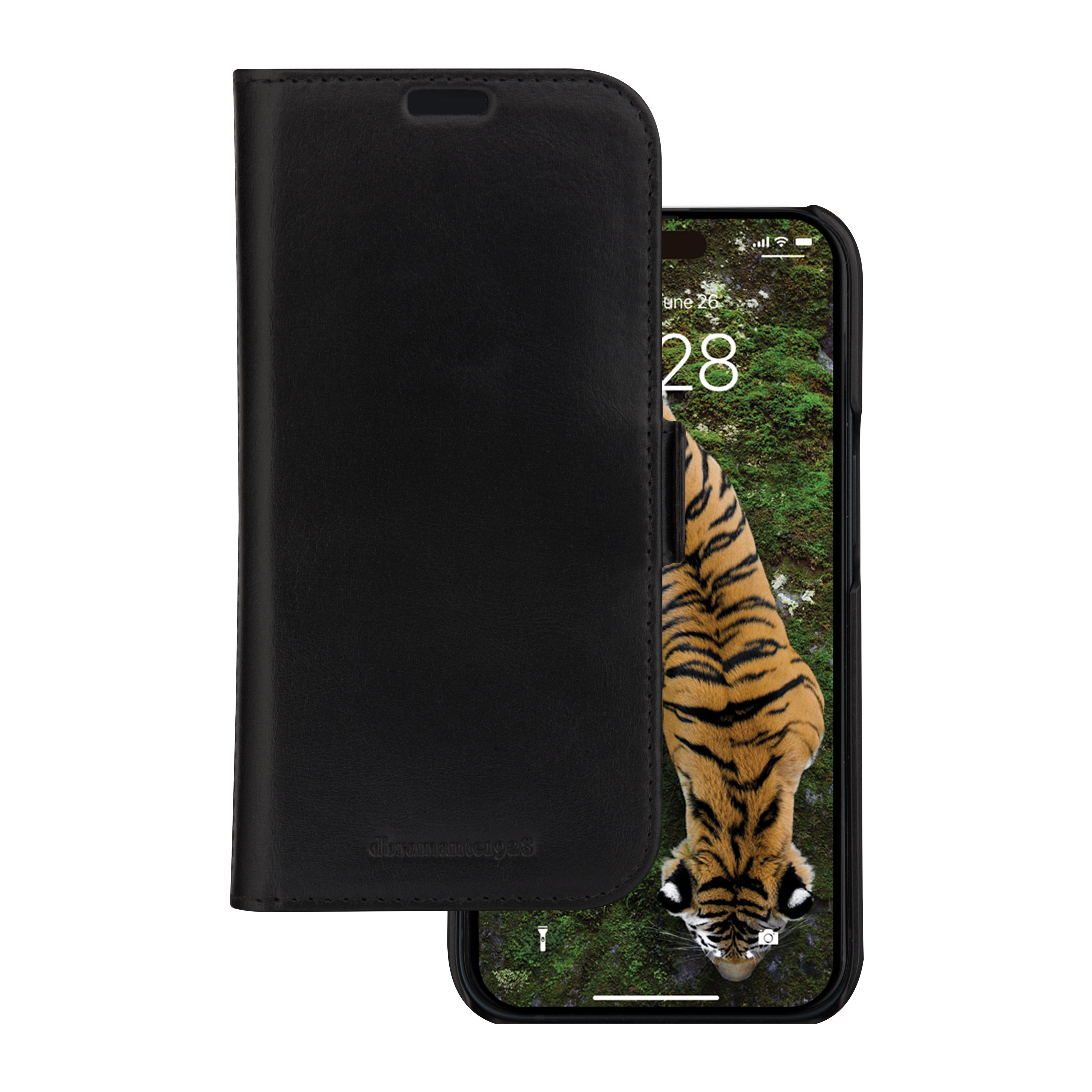 Schwarze Handyhülle mit einem Handy, das ein Tigerbild anzeigt. Die Hülle ist geschlossen, das Telefon teilweise sichtbar.