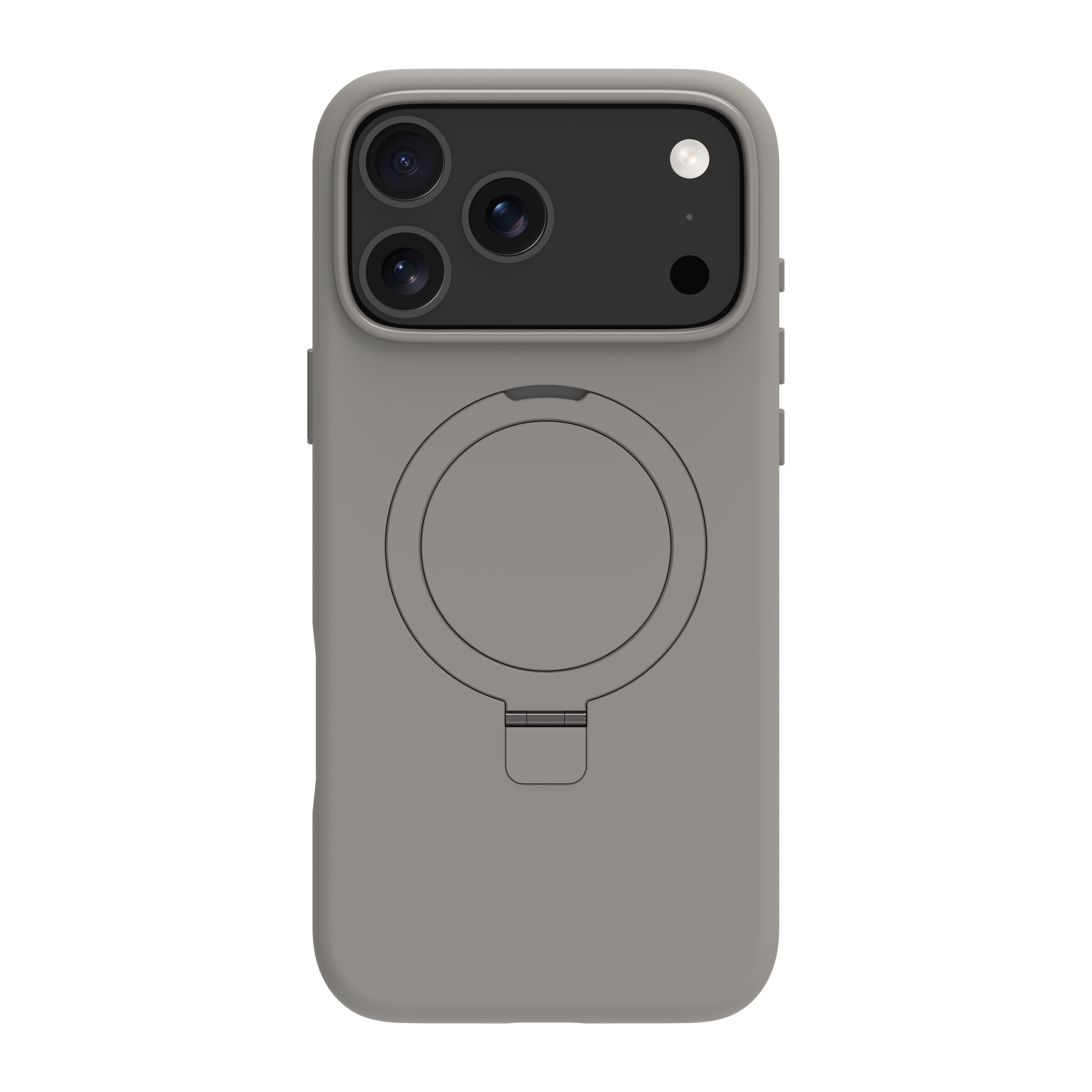 Une coque de téléphone grise avec un design circulaire au dos. Elle comporte plusieurs lentilles de caméra et un fond blanc.