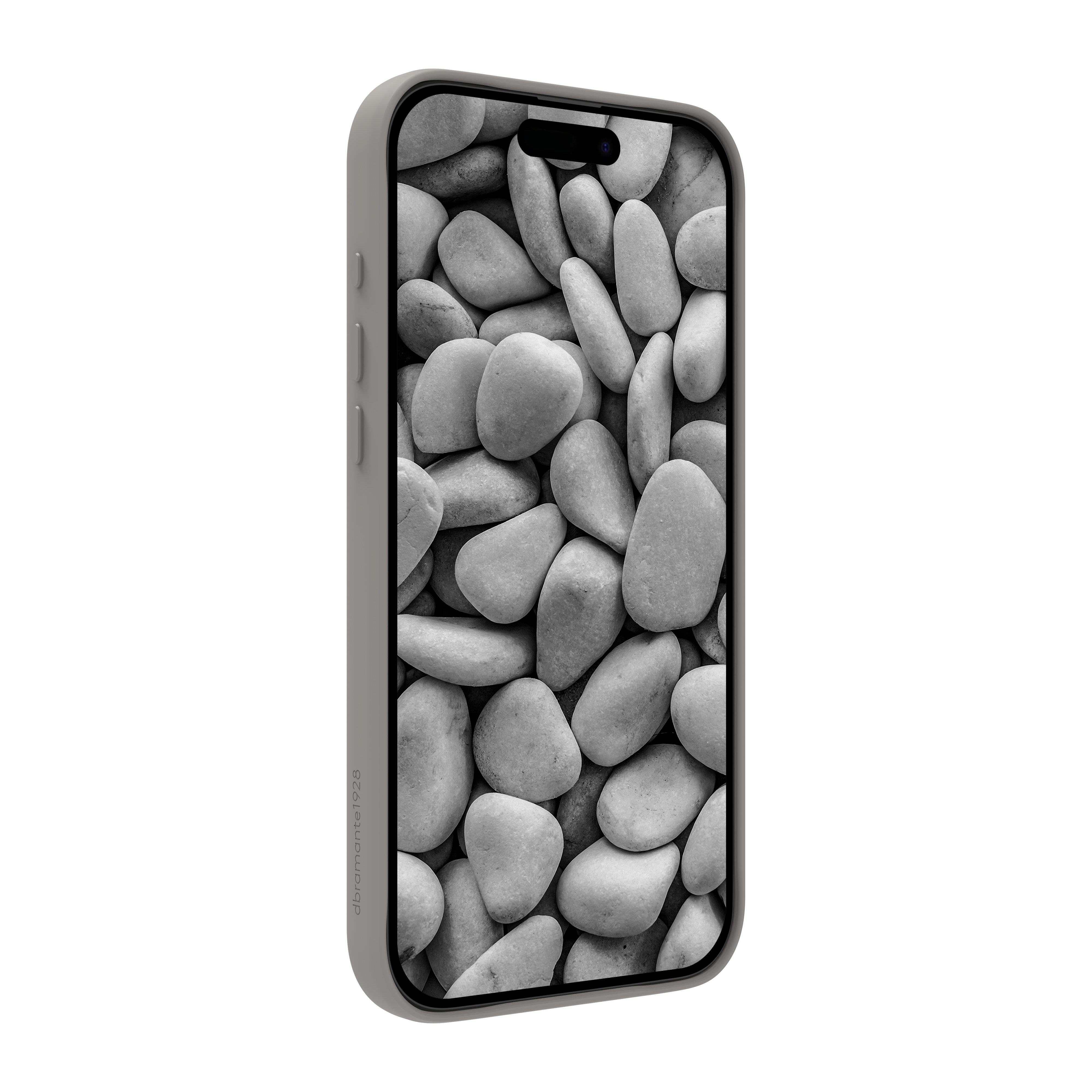 Un smartphone affiche une image en niveaux de gris de pierres lisses et arrondies. Le téléphone est dans un étui gris, sur fond blanc.