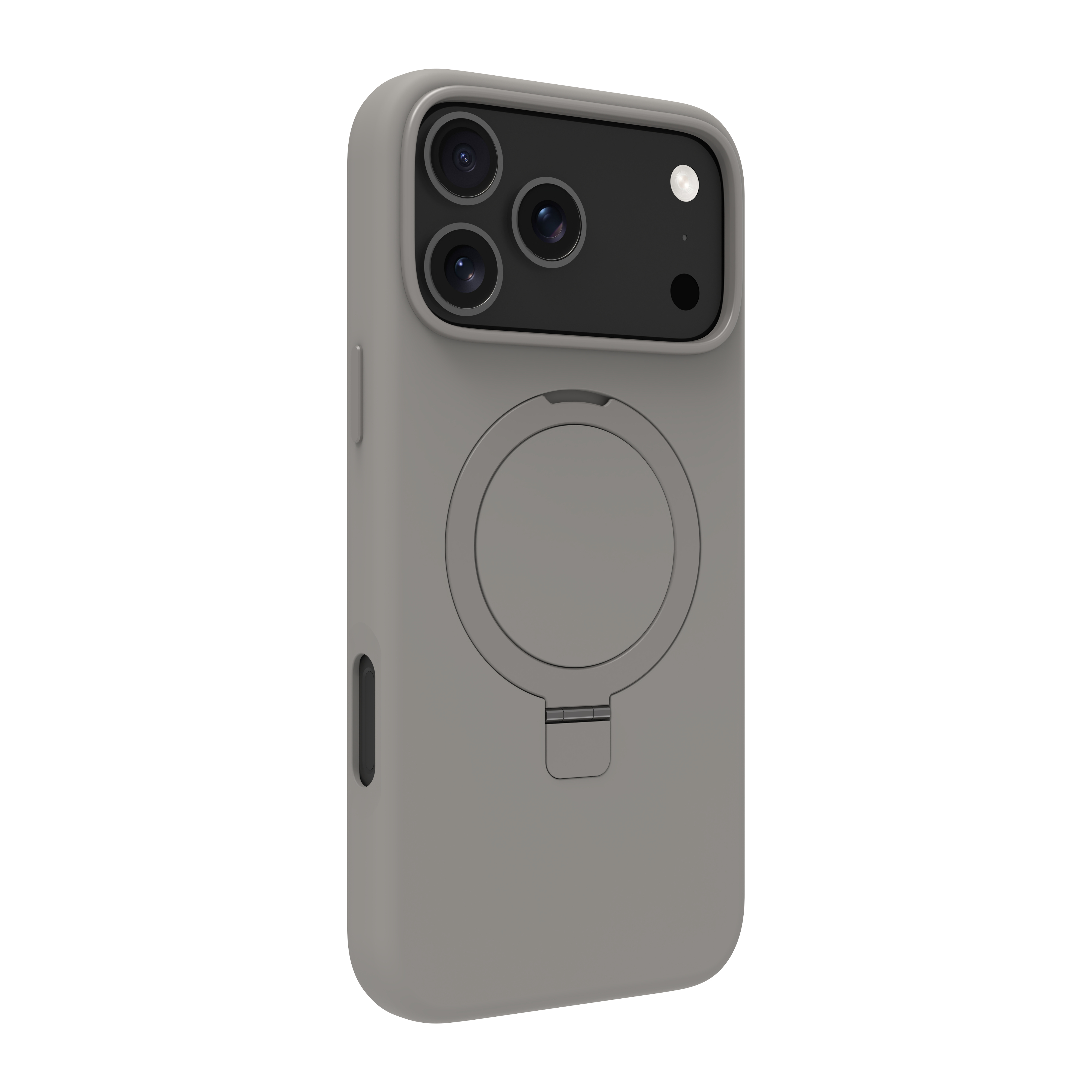 Une coque de téléphone grise avec une découpe pour appareil photo, un anneau MagSafe rond et un bouton latéral. Fond blanc.