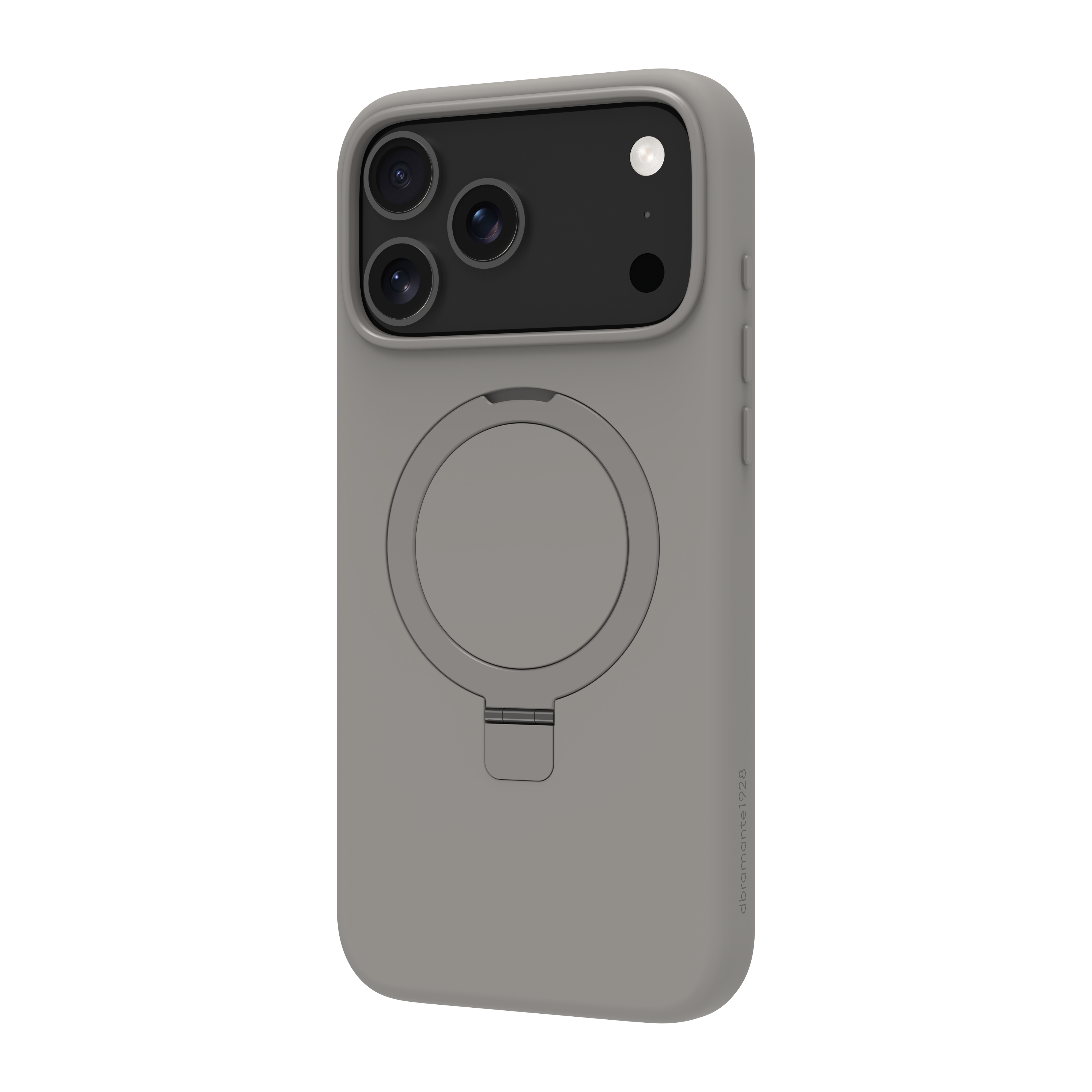 Coque de téléphone grise avec trois lentilles d'appareil photo et une lumière blanche. Elle possède un anneau MagSafe et une barre extensible.