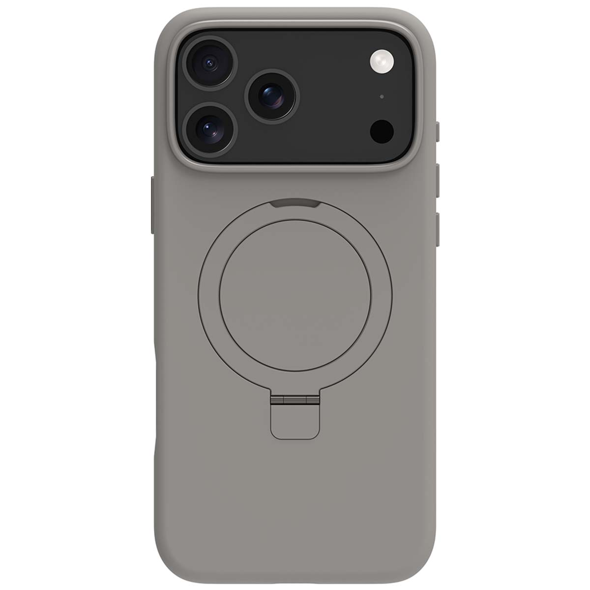 Une coque de téléphone grise avec une découpe pour l'appareil photo, un anneau et un petit support. La zone de la caméra est noire.