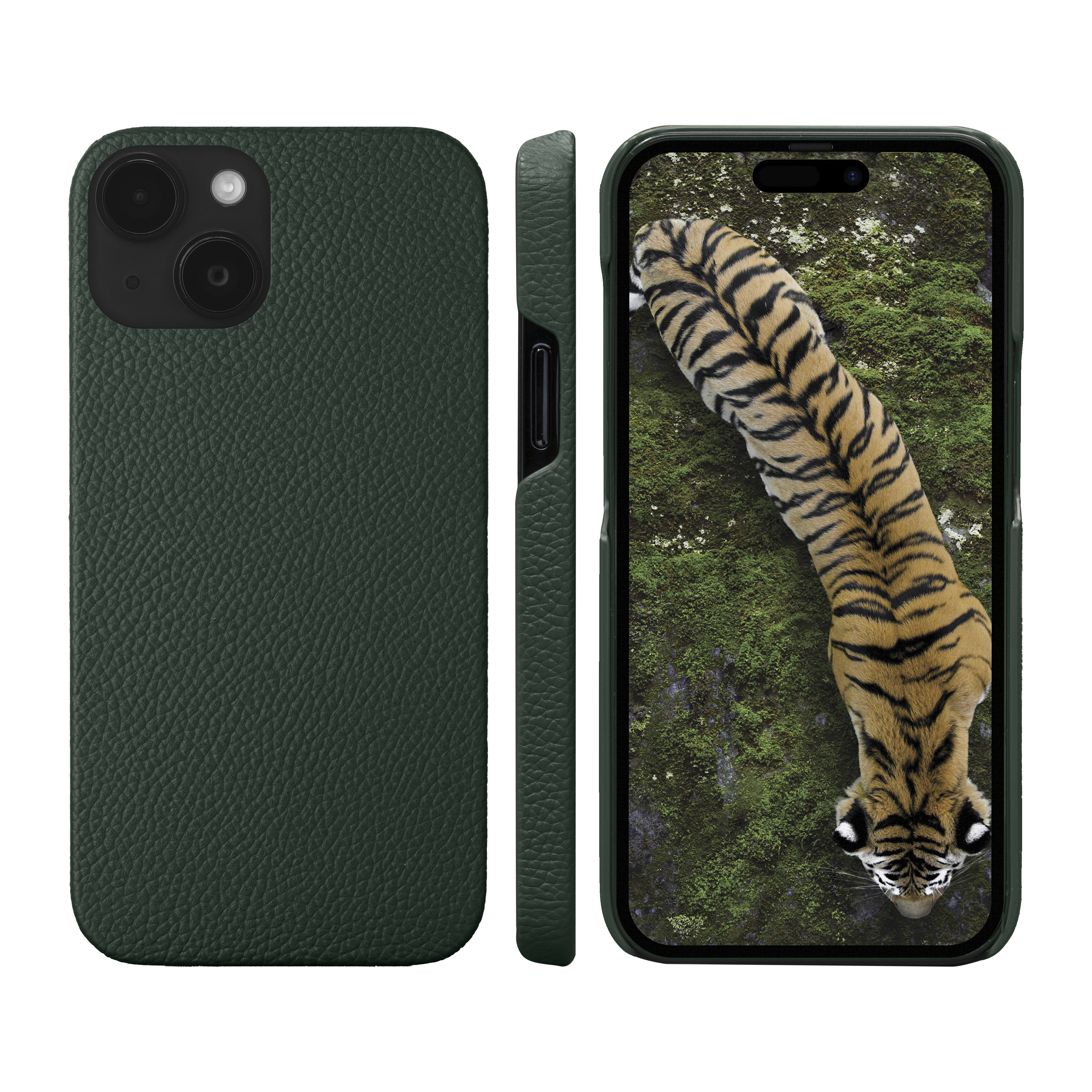 Grüne Handyhülle mit Tigerbild auf dem Bildschirm. Die Hülle hat eine strukturierte Oberfläche und Kameraausschnitte.