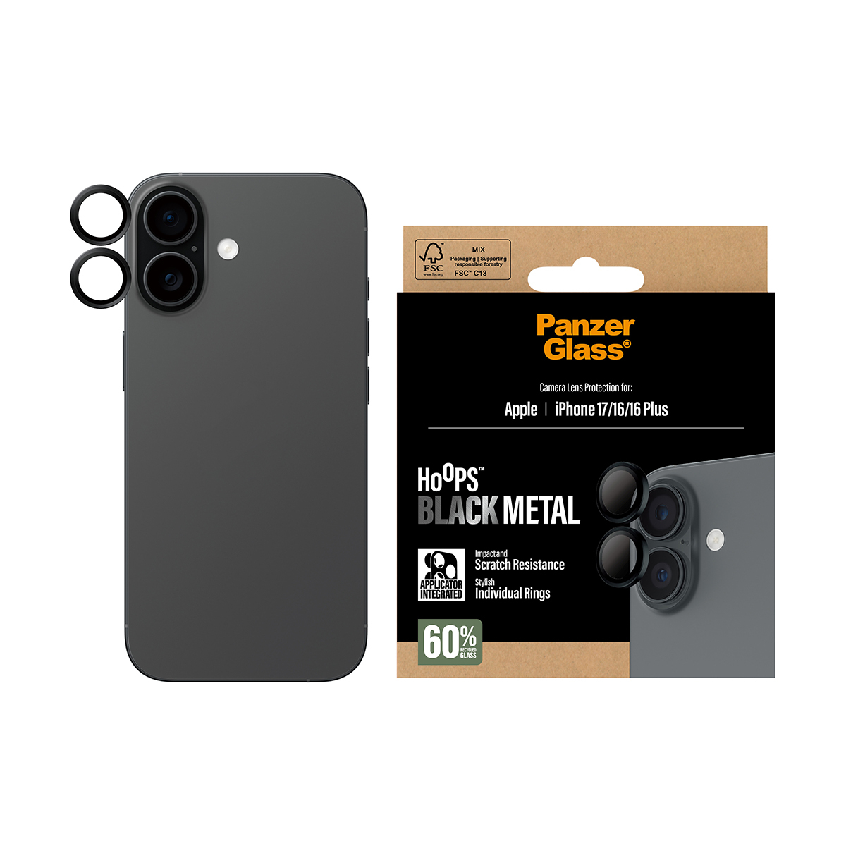 Görüntü, lens koruyucuları olan bir telefonu gösteriyor. Ambalajda Panzer Glass, Hoops Black Metal ve Darbe ve Çizilme Direnci yazıyor.