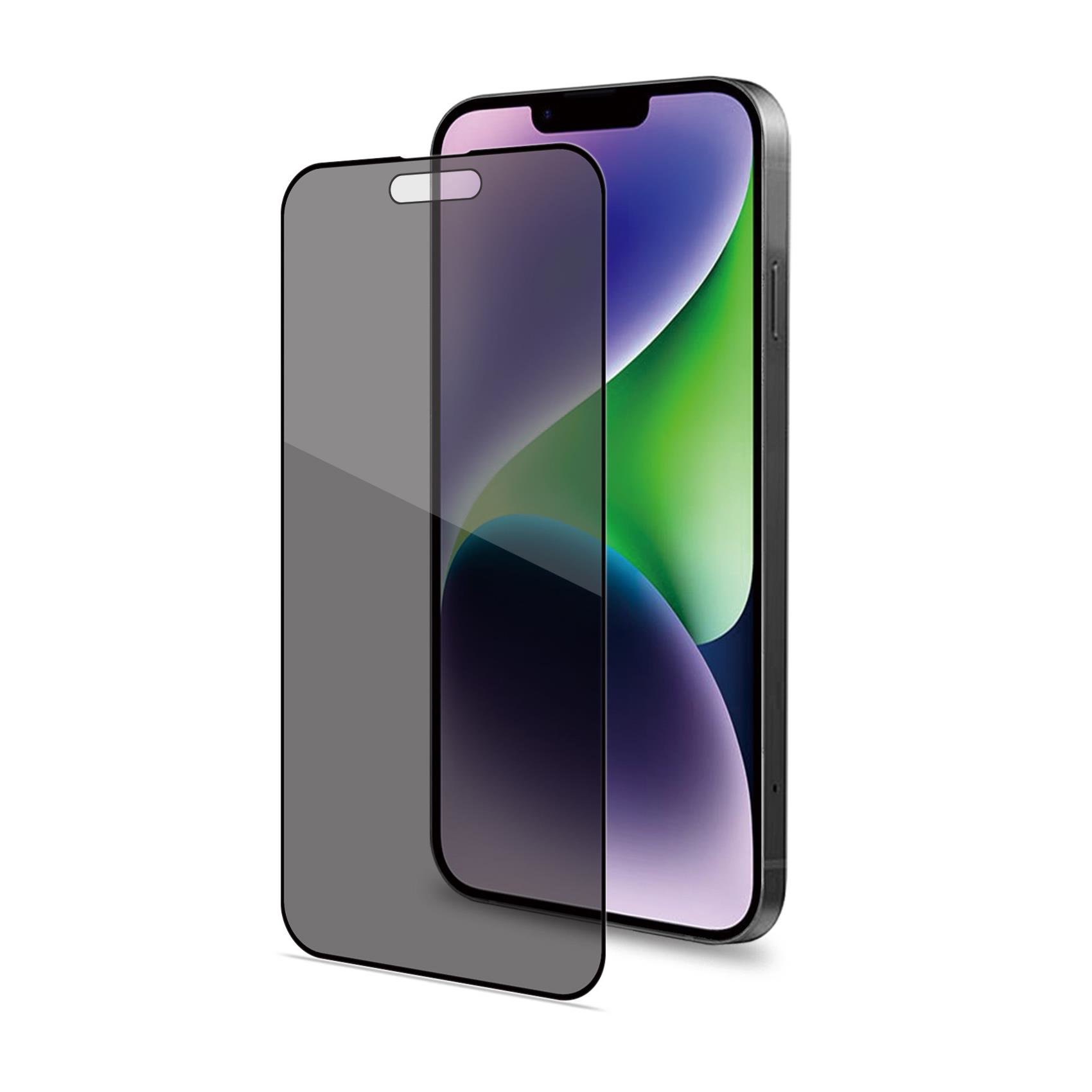 Un iPhone con una protezione per lo schermo. Il telefono ha una cornice nera, la protezione è grigia. Lo schermo mostra un'immagine colorata.