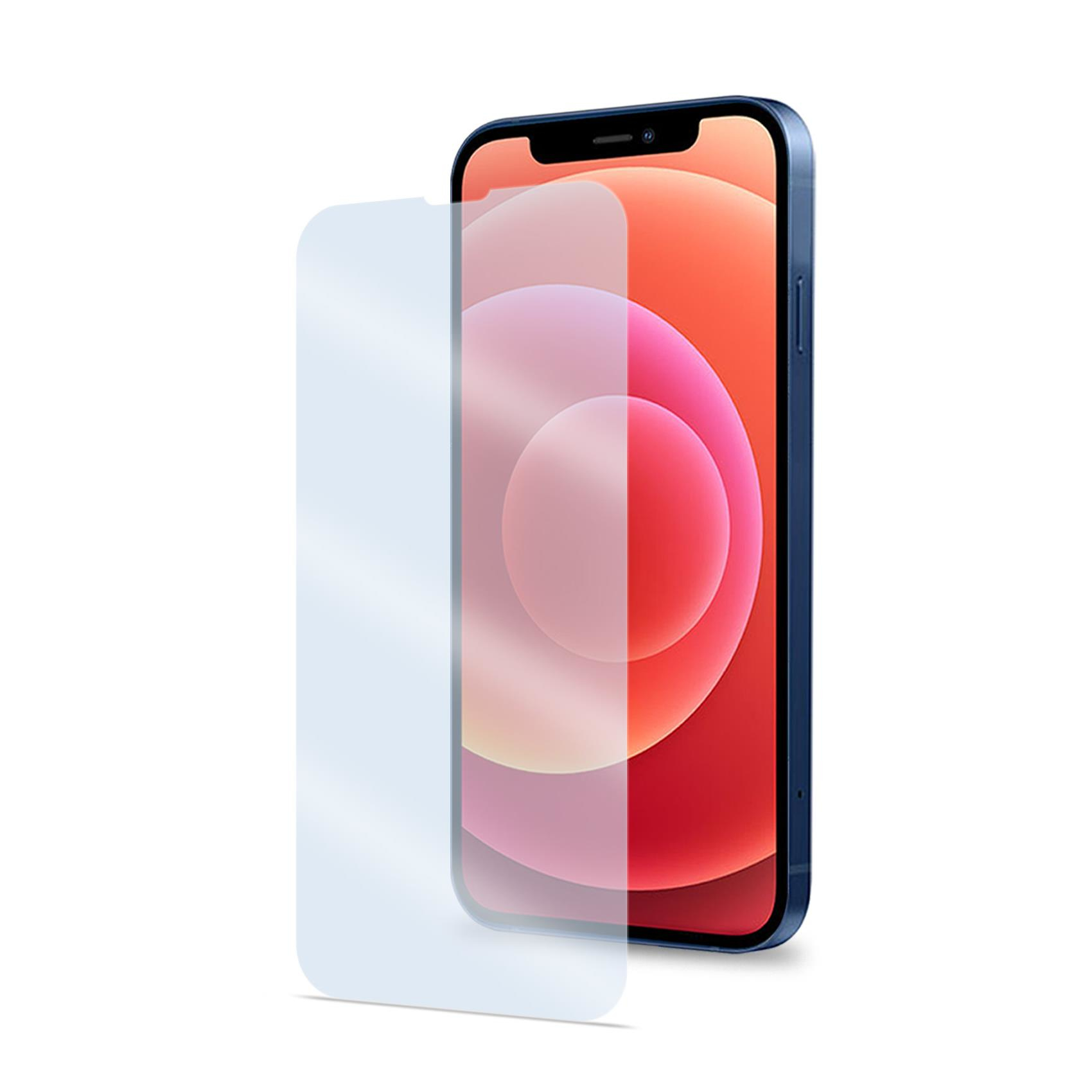 iPhone blu con protezione schermo applicata. Il telefono ha uno schermo arancione. Sfondo bianco.