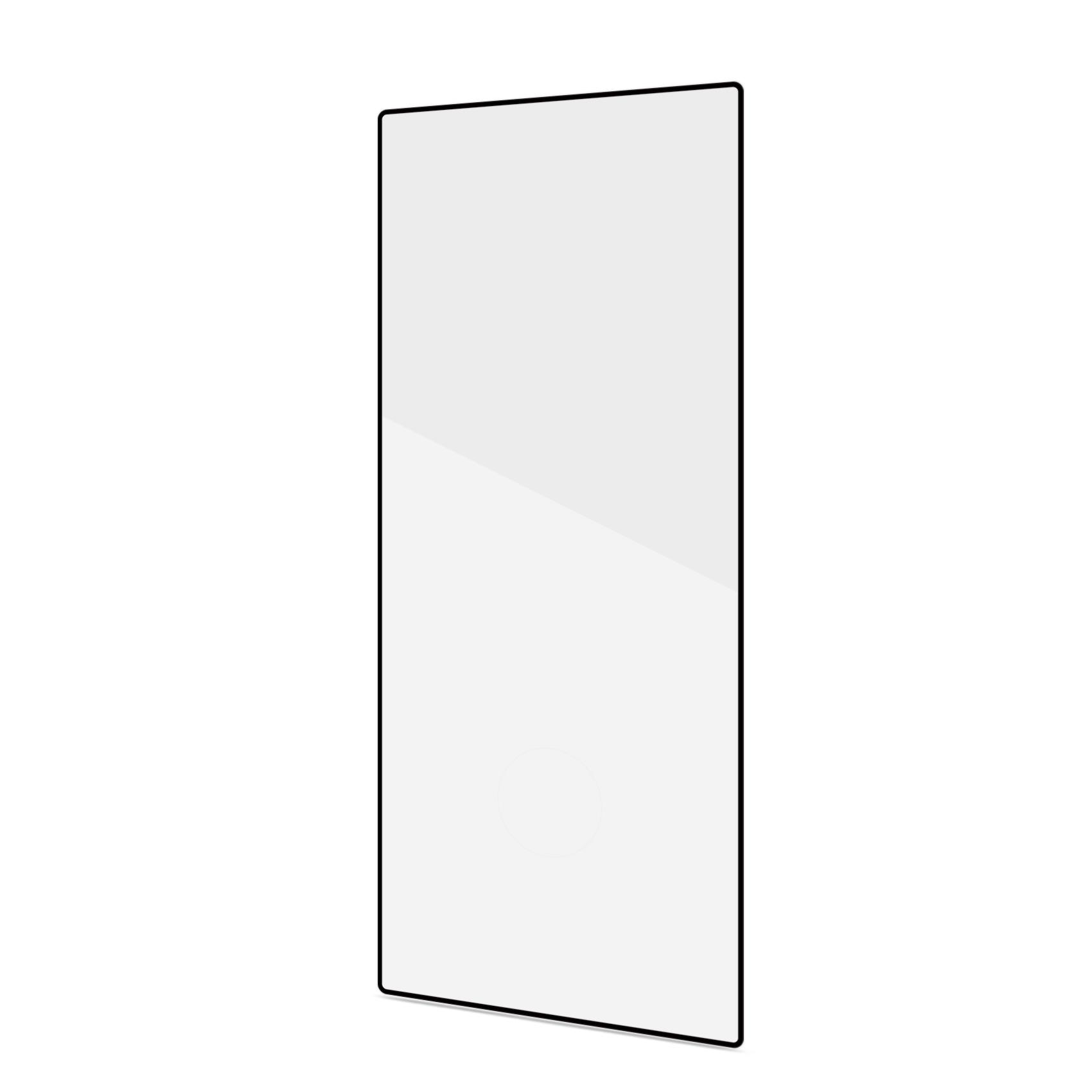 Uno schermo rettangolare bianco con una cornice nera. Lo sfondo è bianco. Una sottile sfumatura è visibile sullo schermo.