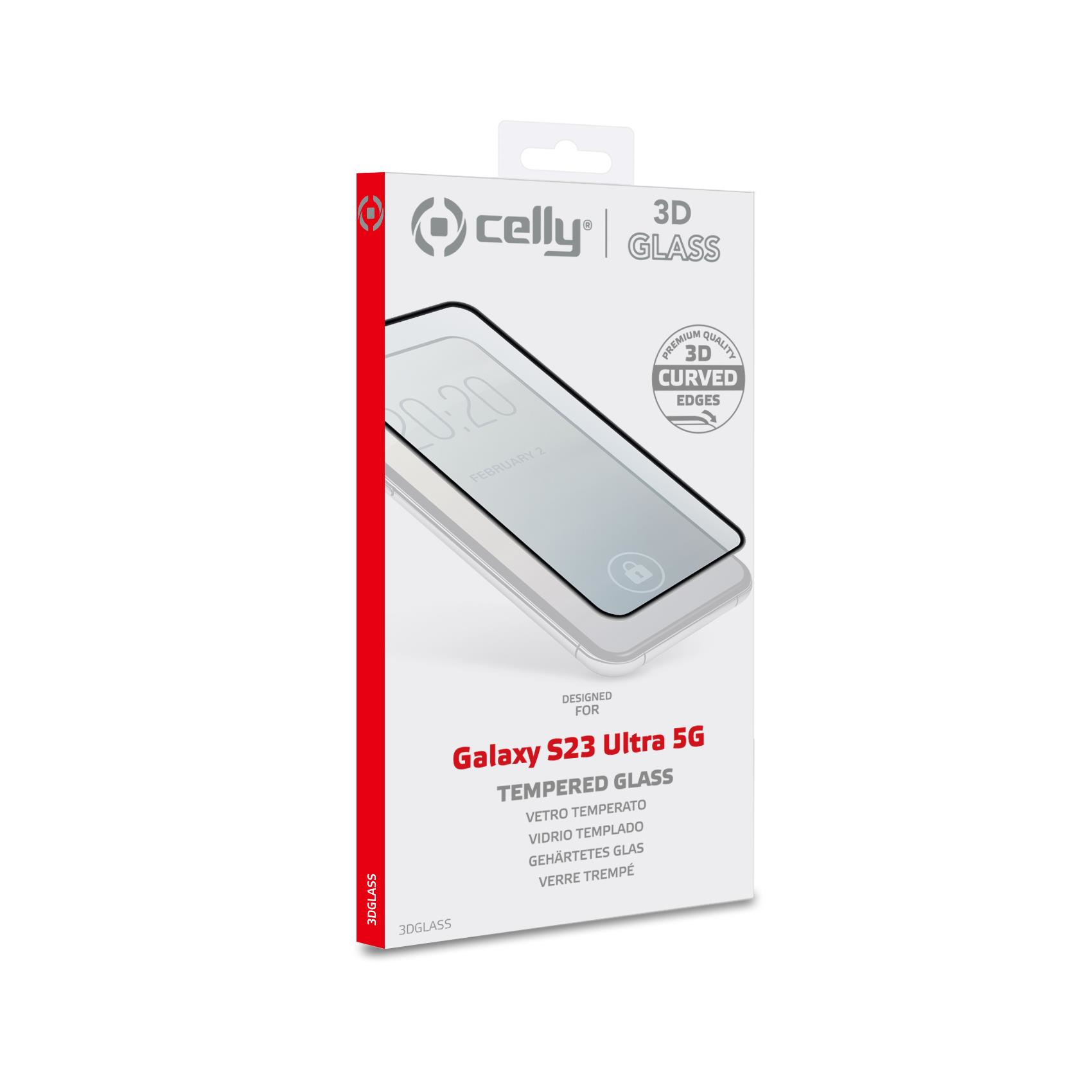 Scatola per una protezione schermo Galaxy S23 Ultra 5G. La scatola è bianca con dettagli rossi e mostra lo schermo del telefono.
