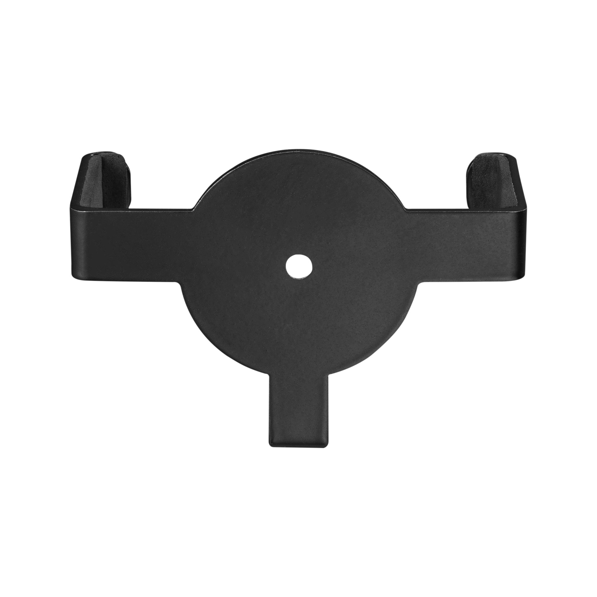 Schwarze Metallhalterung mit kreisförmigem Mittelteil, Loch, zwei Seitenarmen und einer unteren Lasche, auf weißem Hintergrund.
