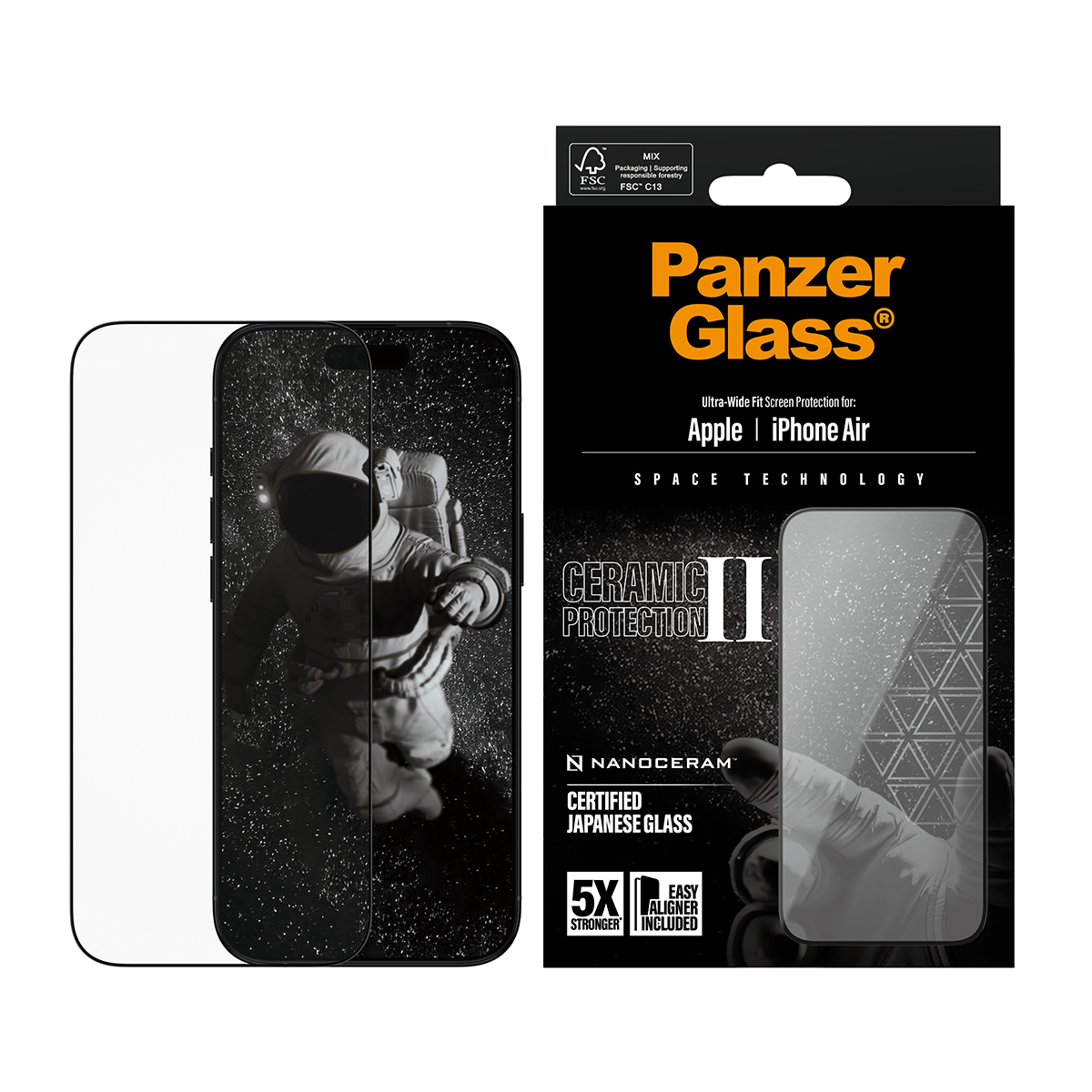 Una scatola di protezione dello schermo del telefono con un'immagine di un astronauta sul telefono. Il testo include Panzer Glass, Apple iPhone Air e Ceramic Protection.