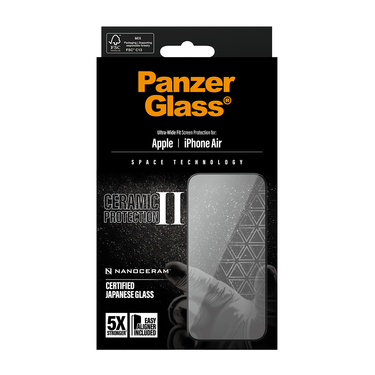 Confezione per protezione schermo PanzerGlass. Presenta testo e grafica, incluso il logo PanzerGlass e "iPhone Air".