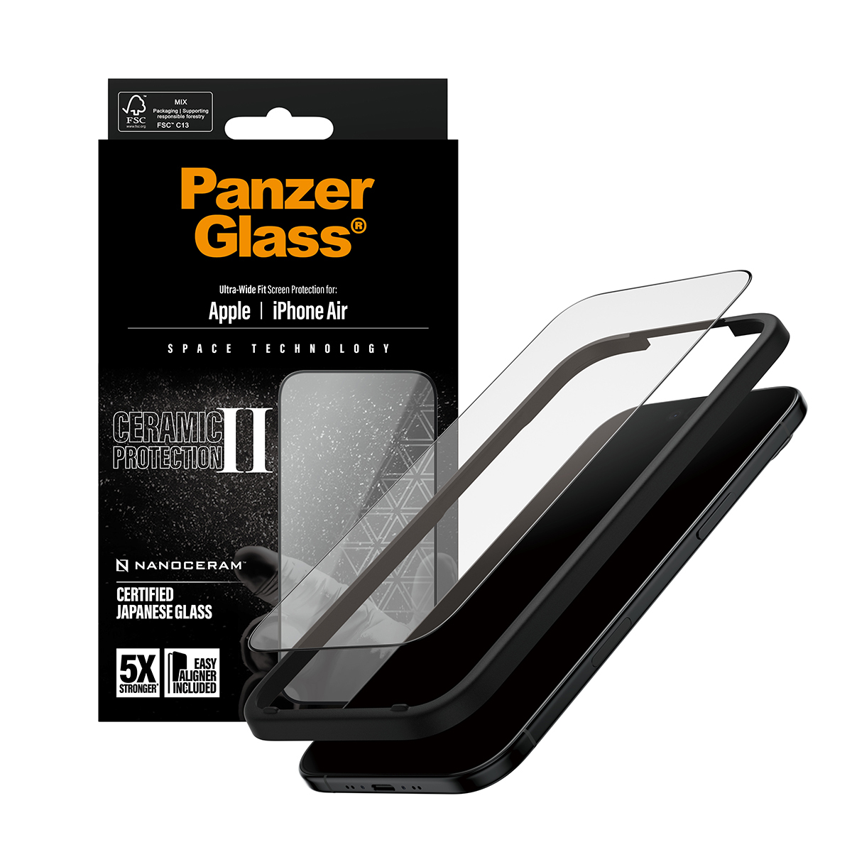 iPhone nero con strati di protezione dello schermo. La scatola mostra Panzer Glass, Apple iPhone Air e protezione ceramica.