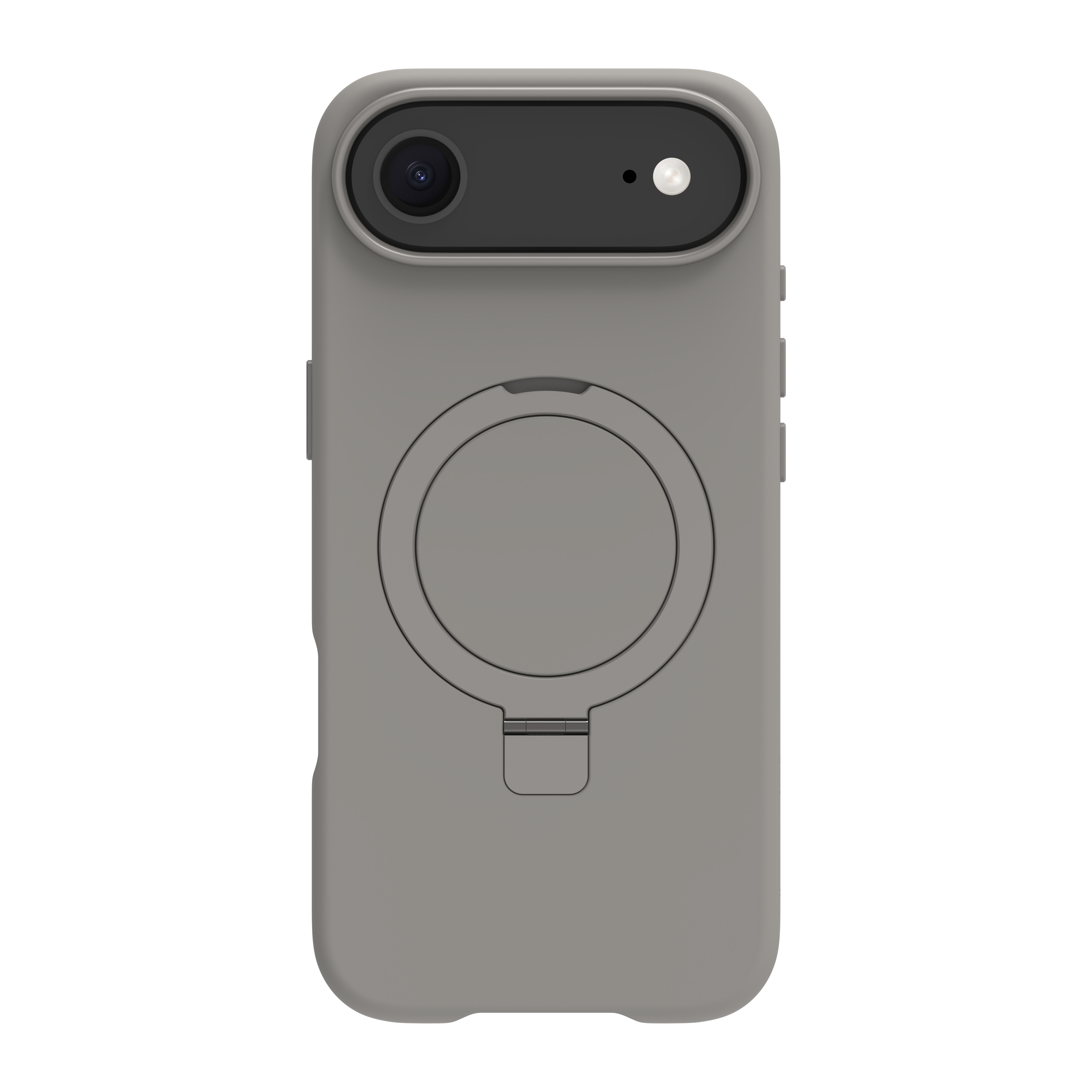 Une coque de téléphone grise avec une zone de caméra noire, un support d'anneau et un fond blanc.