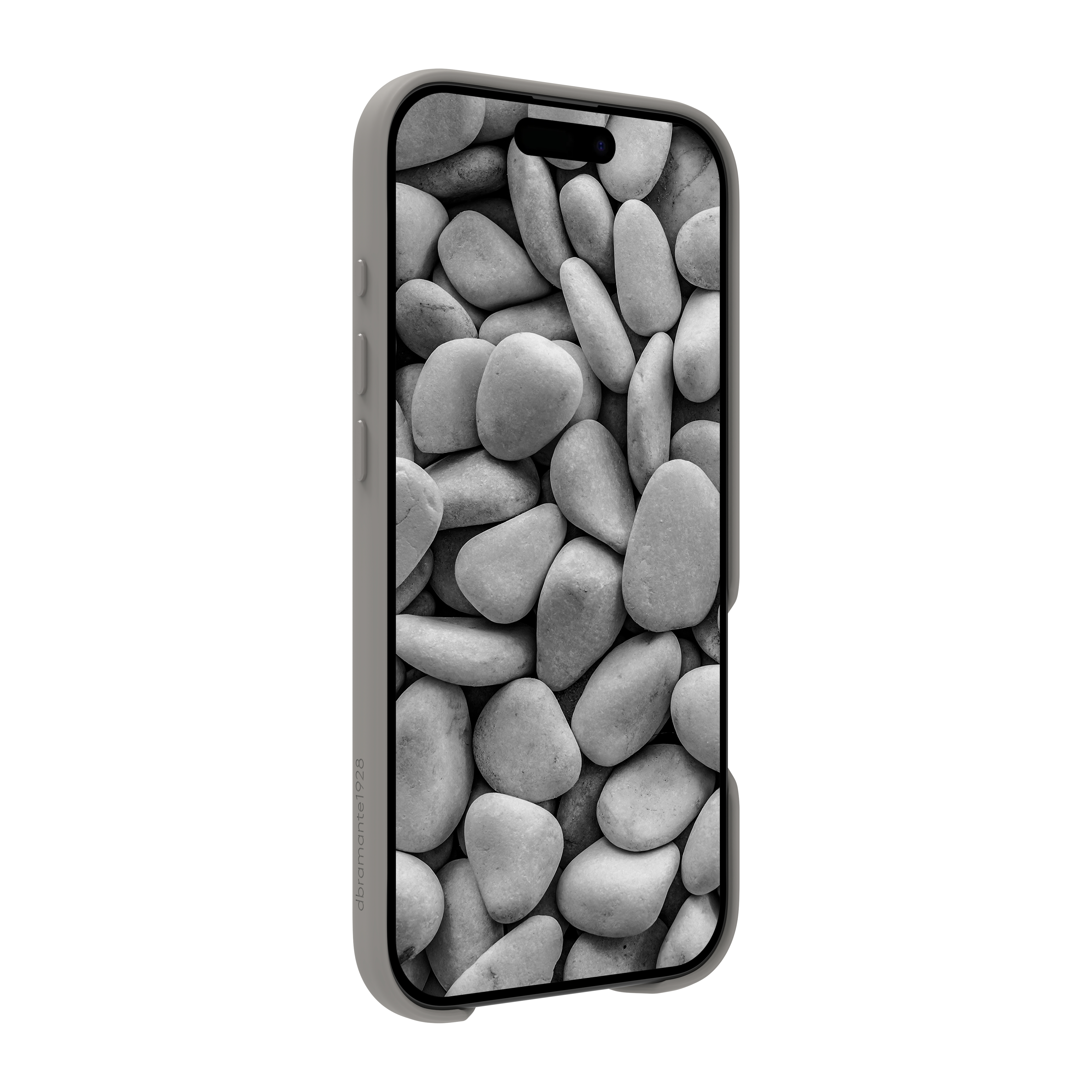 Un étui de téléphone affiche une image en niveaux de gris de galets lisses. L'étui lui-même est gris.