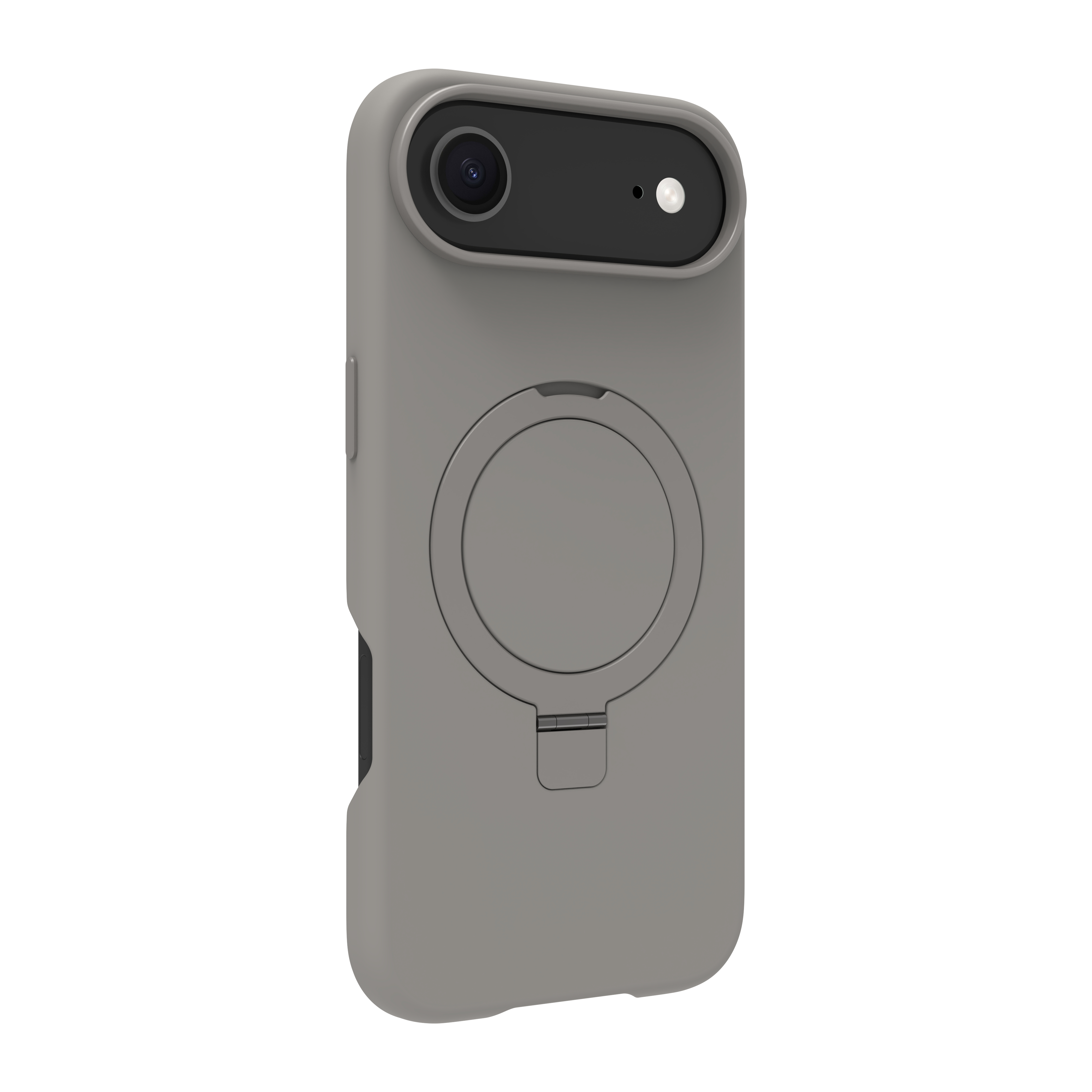 Une coque de téléphone grise. Elle a une découpe pour l'appareil photo, un support d'anneau et un support.