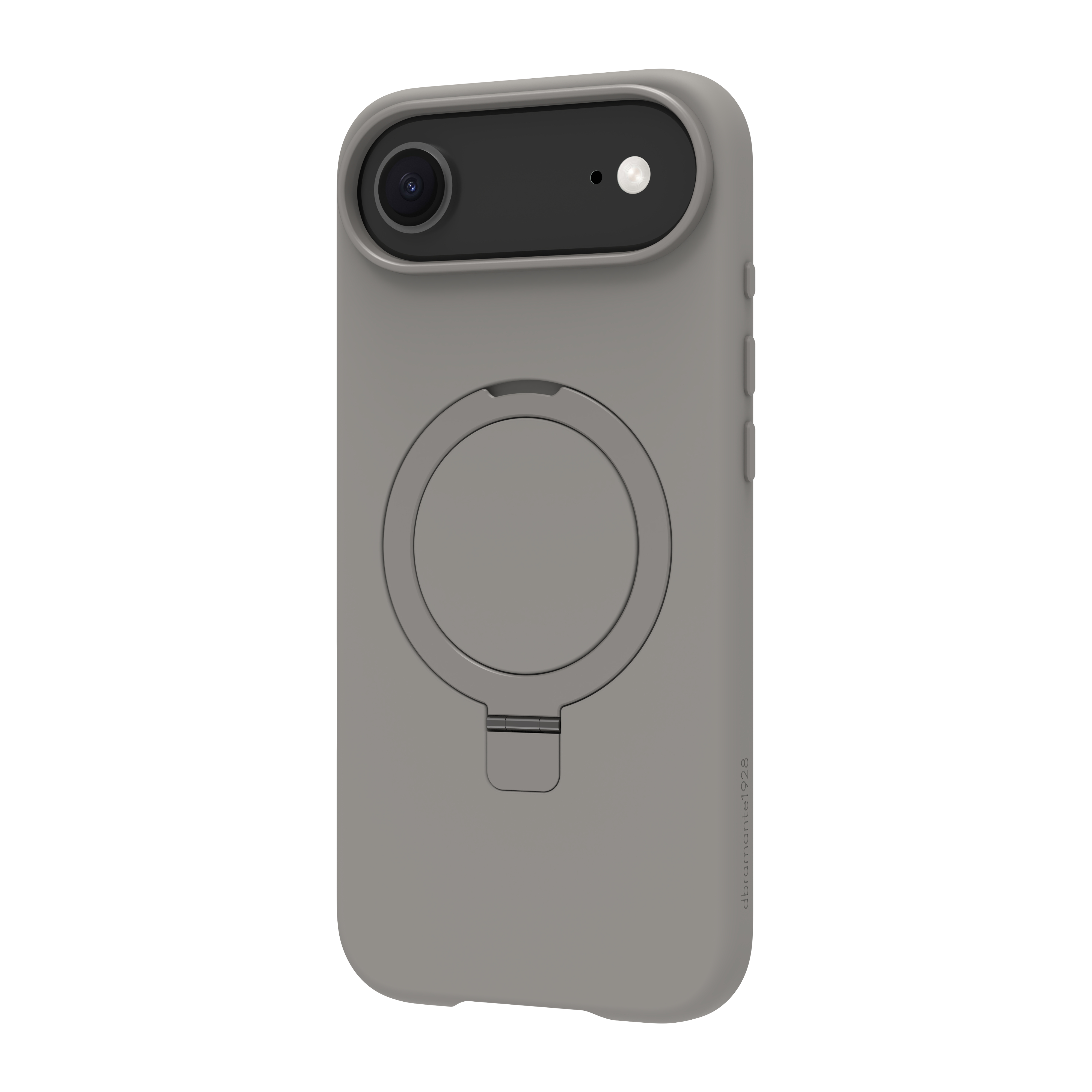 Une coque de téléphone grise avec caméra, flash et porte-anneau. L'étui a un support et le nom de la marque est écrit.