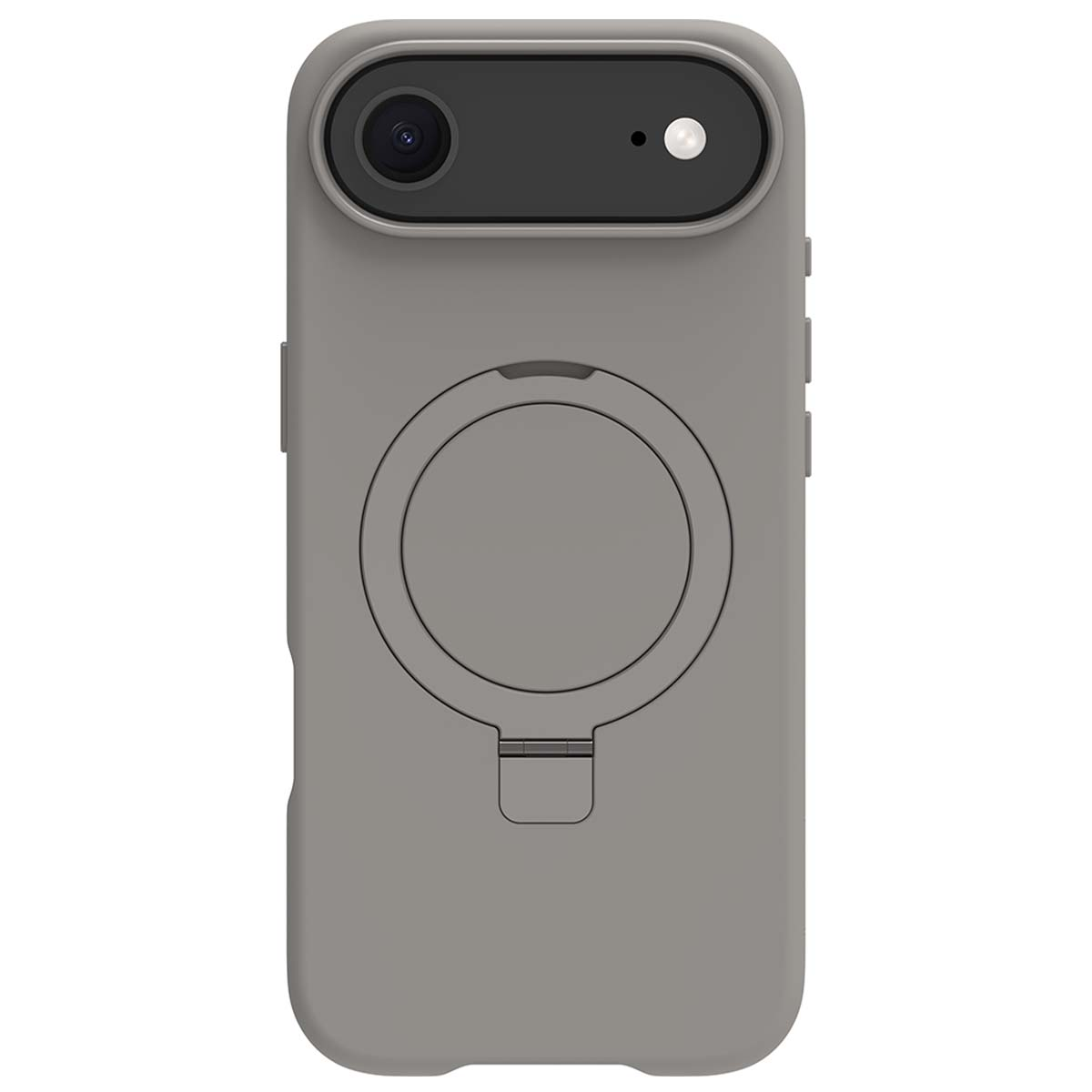 Une coque de téléphone grise avec un appareil photo, un flash et un support de bague. La coque a une texture lisse et un design simple.