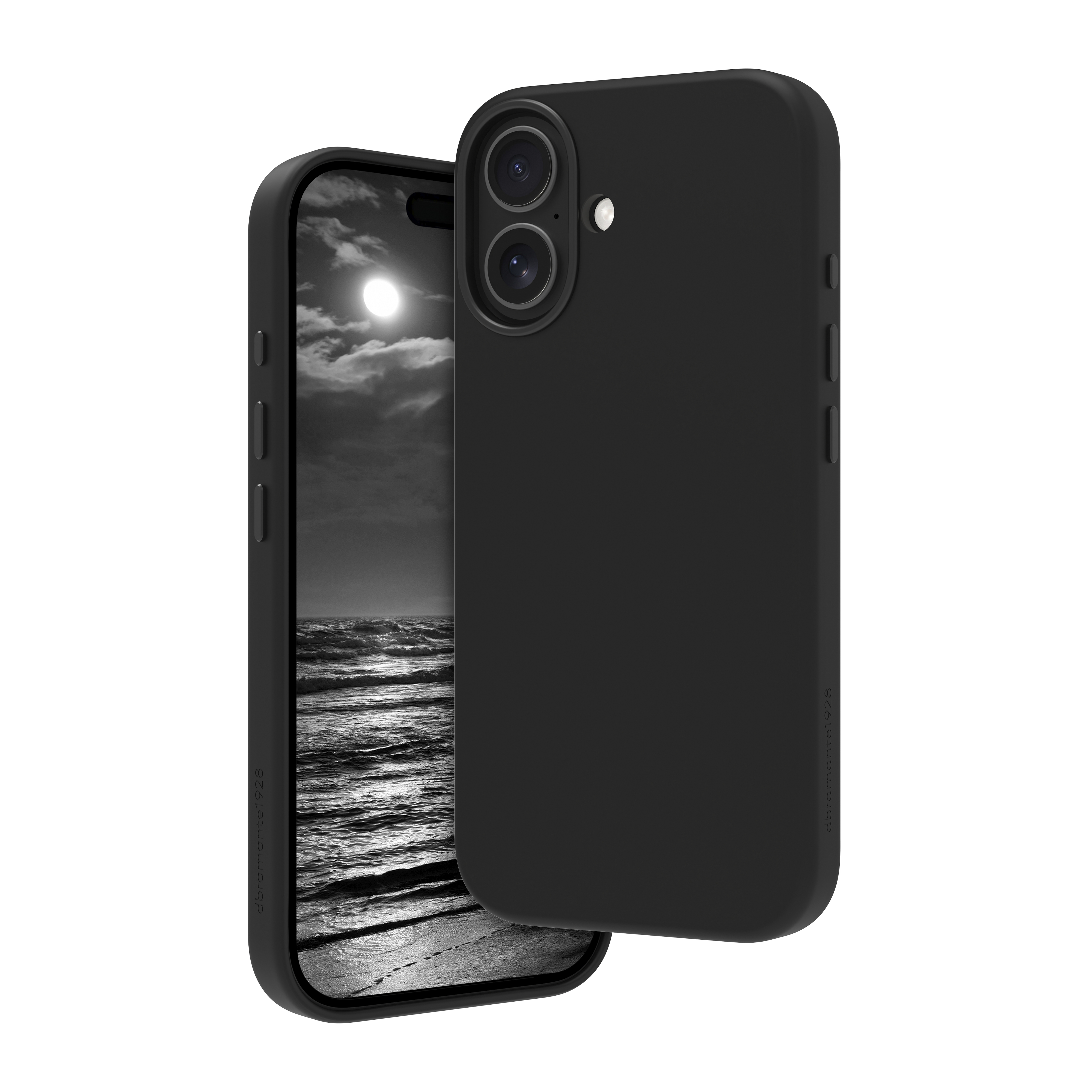 iPhone nero in una custodia nera. Lo schermo mostra un'immagine in bianco e nero di un mare con una luna.