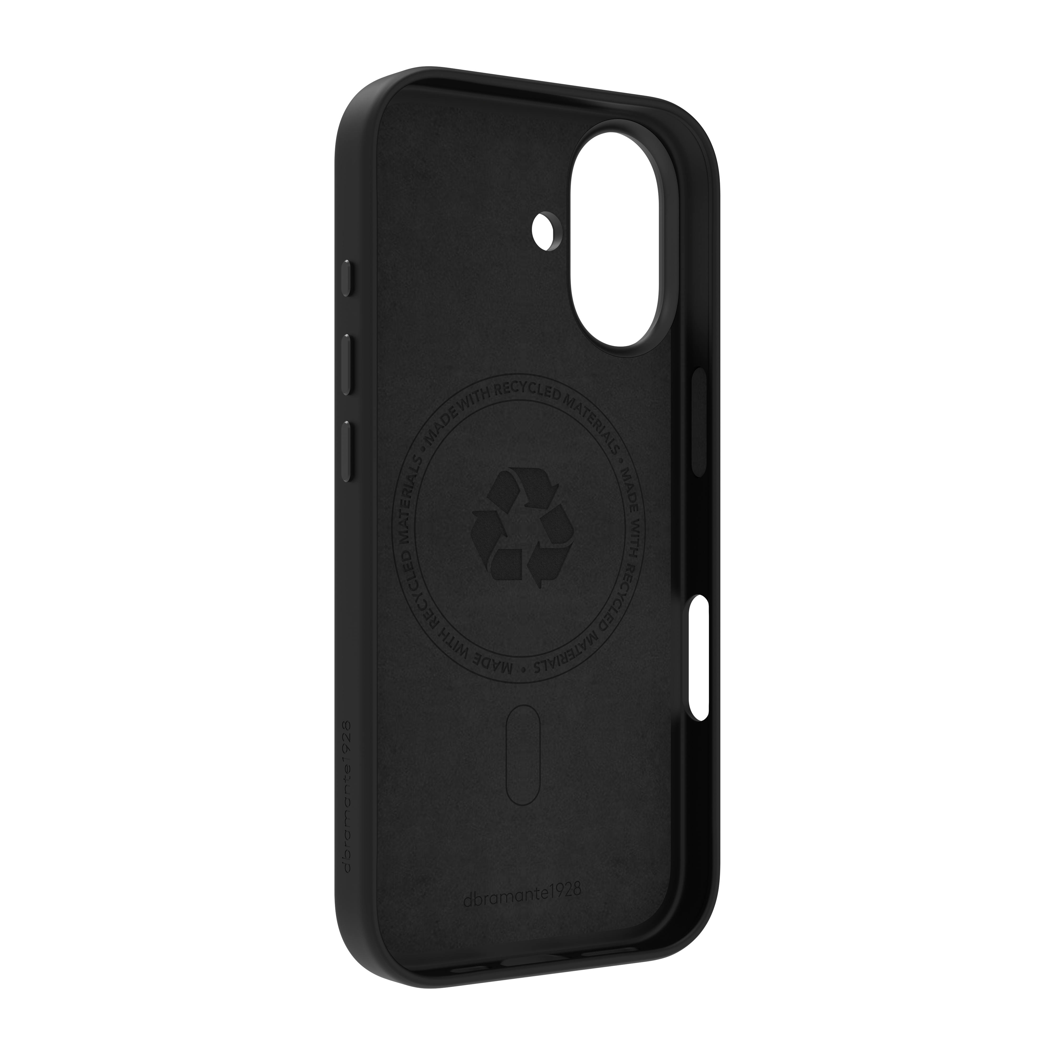 Custodia nera per telefono con simbolo di riciclo e scritta "Realizzato con materiali riciclati". La custodia ha dei ritagli.