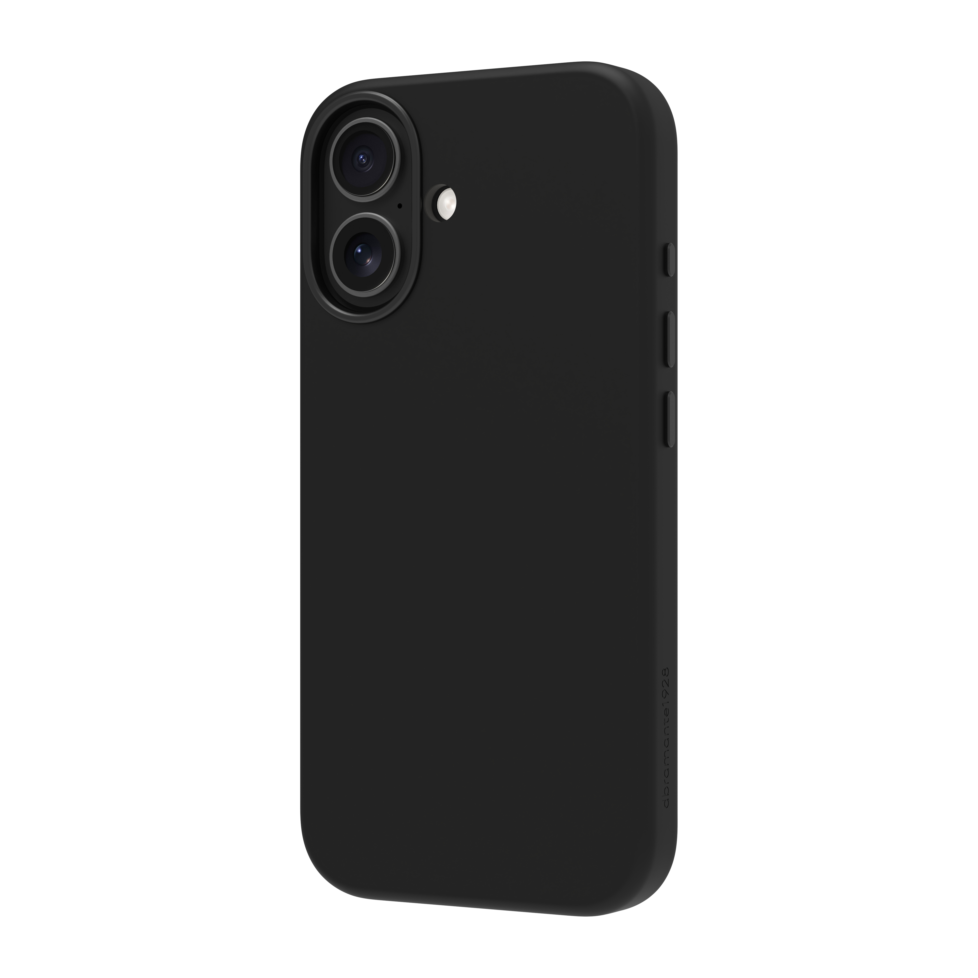 Custodia nera per telefono con lenti della fotocamera e pulsanti laterali. Sfondo bianco.
