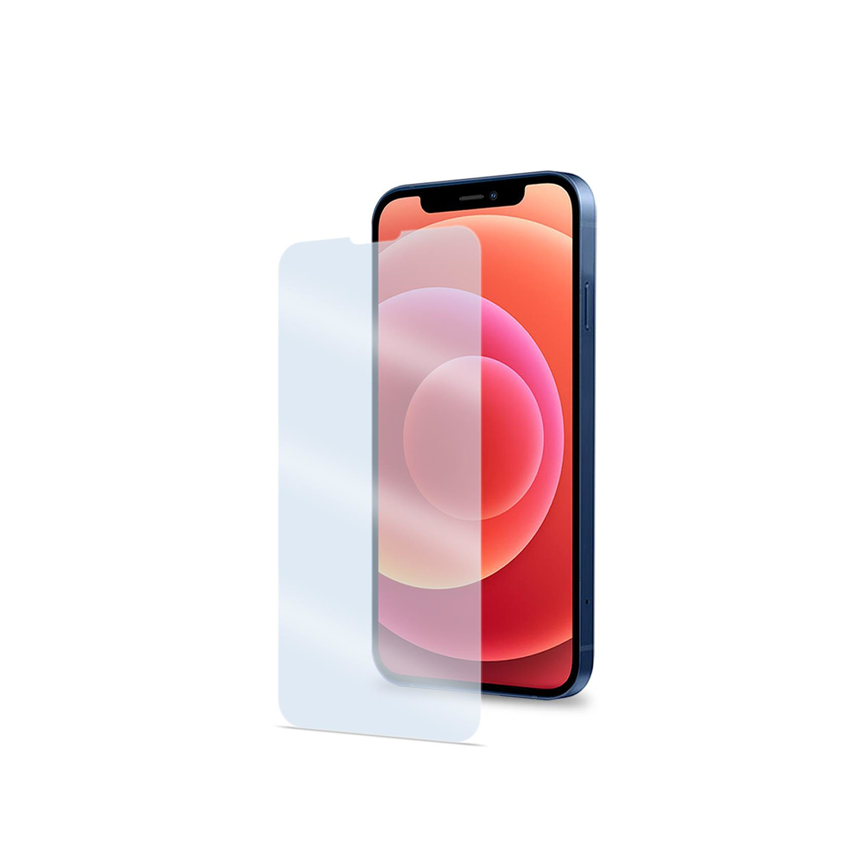 Un iPhone con una protezione per lo schermo. Il telefono è blu e rosso. La protezione è trasparente e leggermente staccata dallo schermo.