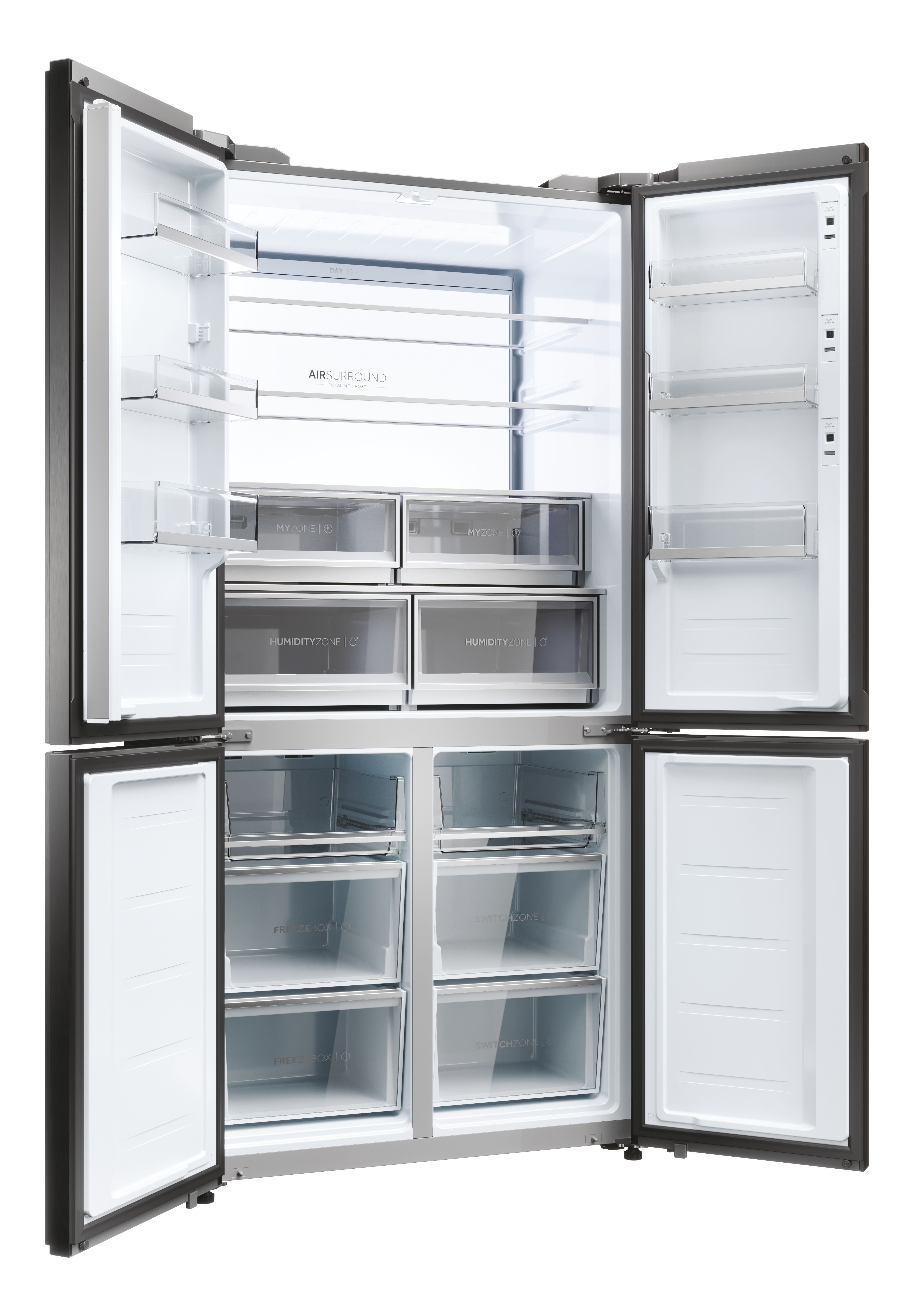 Refrigerador abierto con múltiples compartimentos. Se ven estantes y cajones interiores. Las puertas son de color gris oscuro.